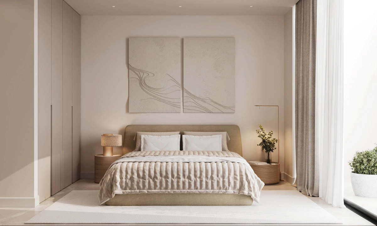The master bedroom is a peaceful sanctuary, designed with serene tones and high-quality materials.