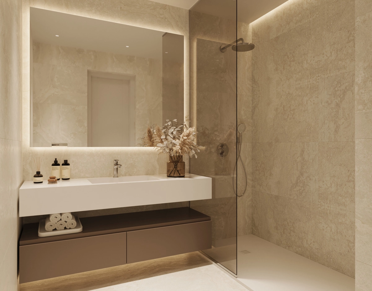 A stylish and contemporary bathroom featuring premium finishes, a walk-in shower, and elegant lighting.