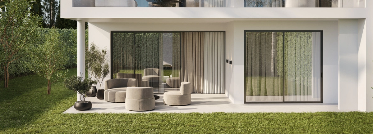 Ground-floor homes enjoy a seamless transition from the interior living space to a private terrace and garden.