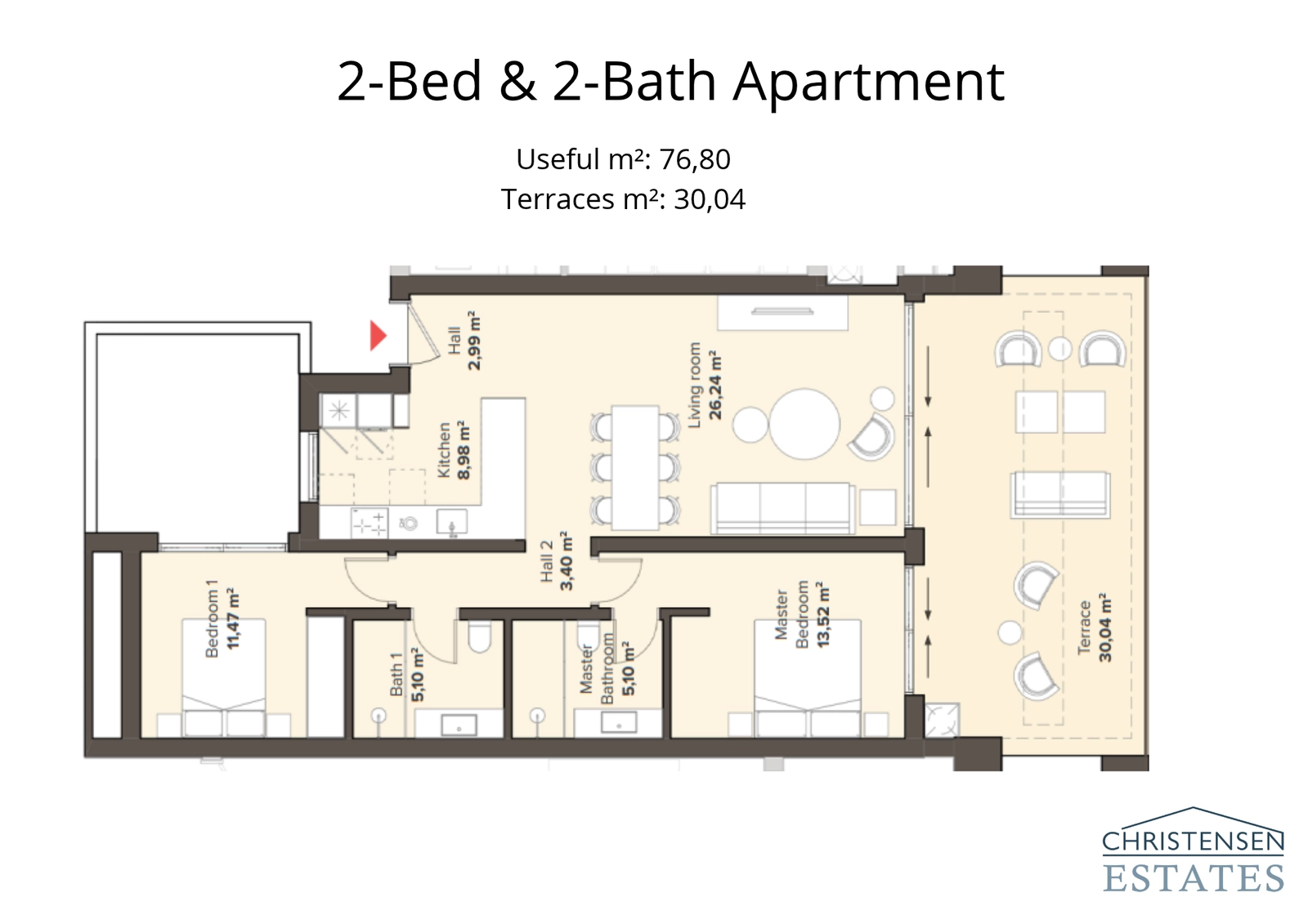 This two-bedroom apartment layout features a bright living area that opens onto a generous terrace, creating an ideal indoor-outdoor flow.