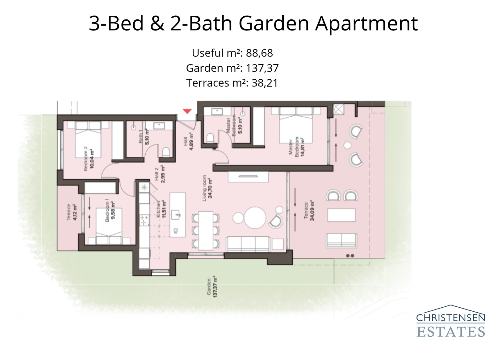 A spacious three-bedroom ground-floor design with direct access to a large private garden, perfect for families and outdoor enjoyment.