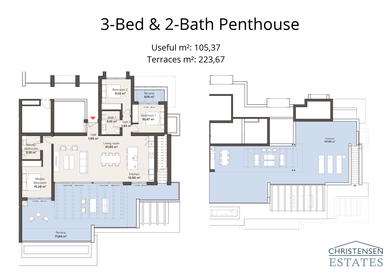 The exclusive three-bedroom penthouse layout includes an expansive rooftop solarium, offering ultimate privacy and spectacular views.