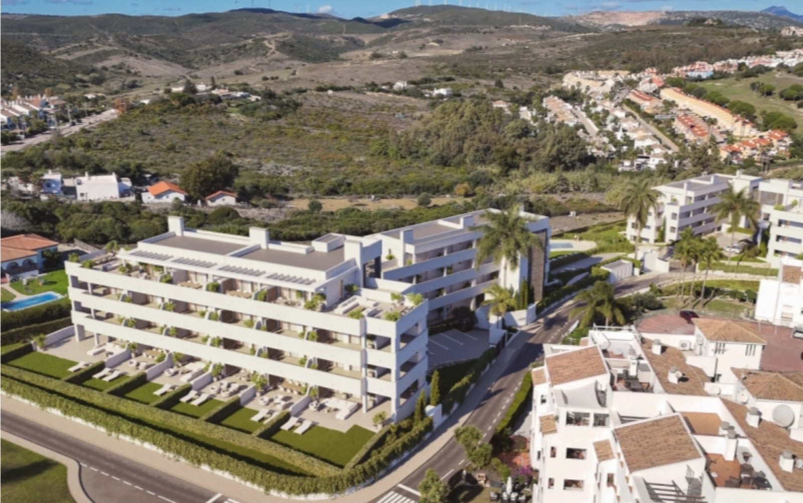 A view of the development perfectly integrated into the rolling hills of the Manilva landscape.