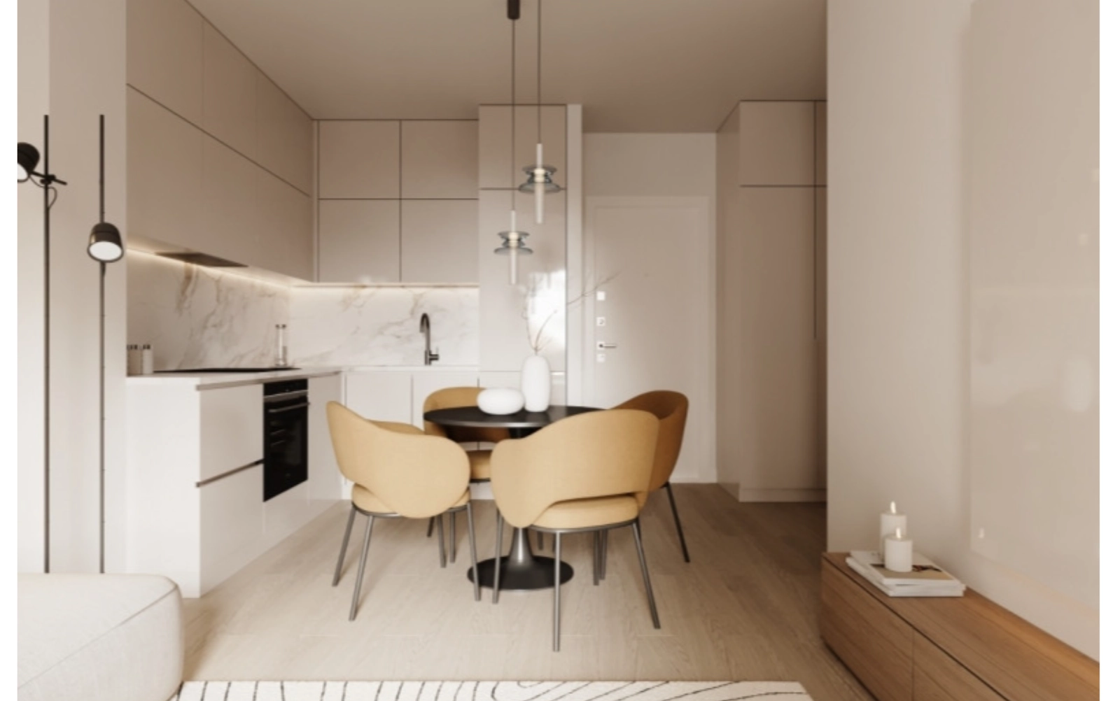 An open-plan layout connects the kitchen and living spaces, creating a welcoming environment for socialising.
