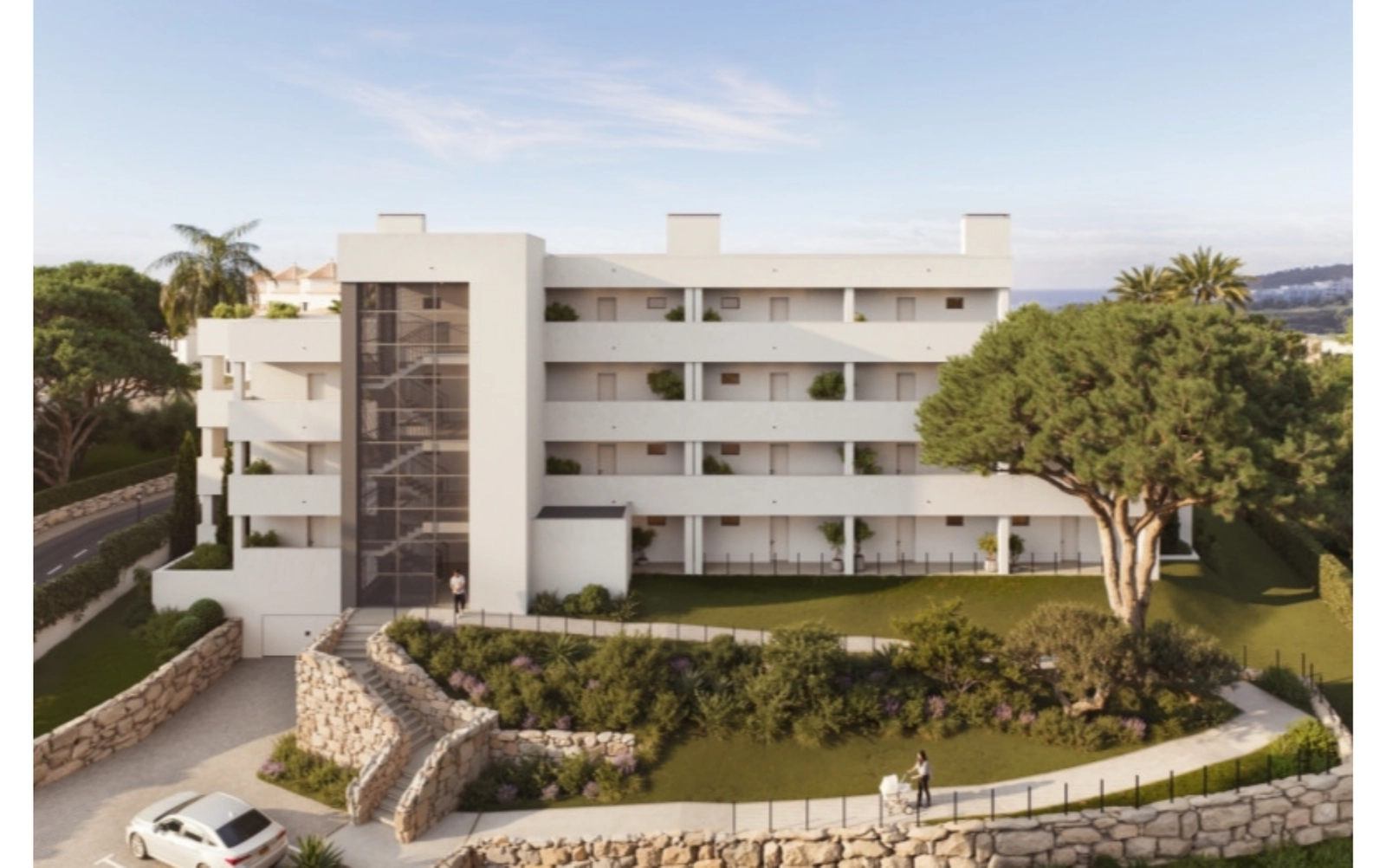 The clean lines of the contemporary architecture are complemented by lush, landscaped gardens.