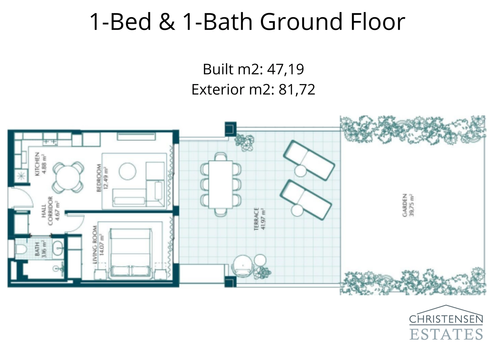 This one-bedroom ground-floor layout features a spacious terrace and a private garden, perfect for indoor-outdoor living.