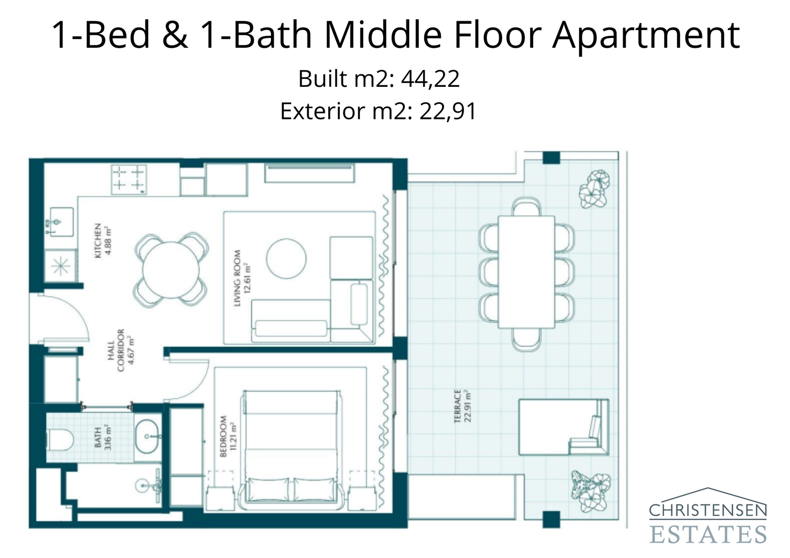 A well-designed one-bedroom apartment plan for the middle floors, offering a functional layout and a private terrace.