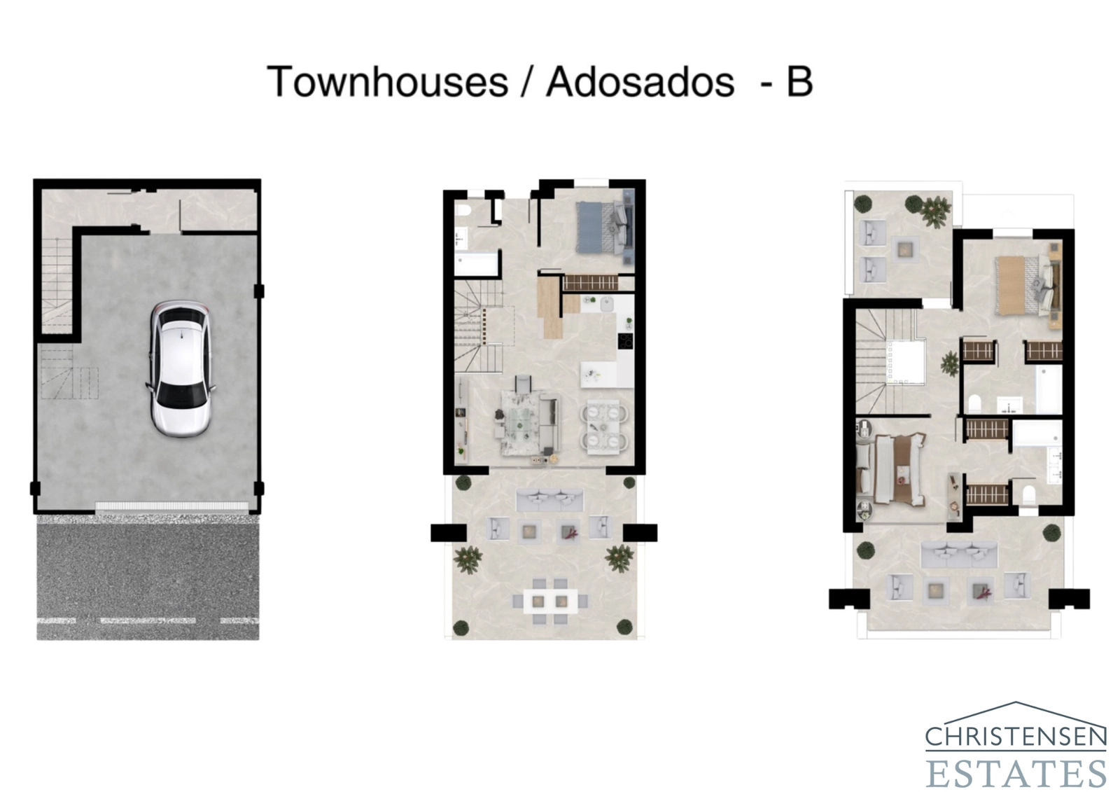 Floor plan for the Type B townhouse, detailing the distribution of spaces for a comfortable and modern lifestyle.