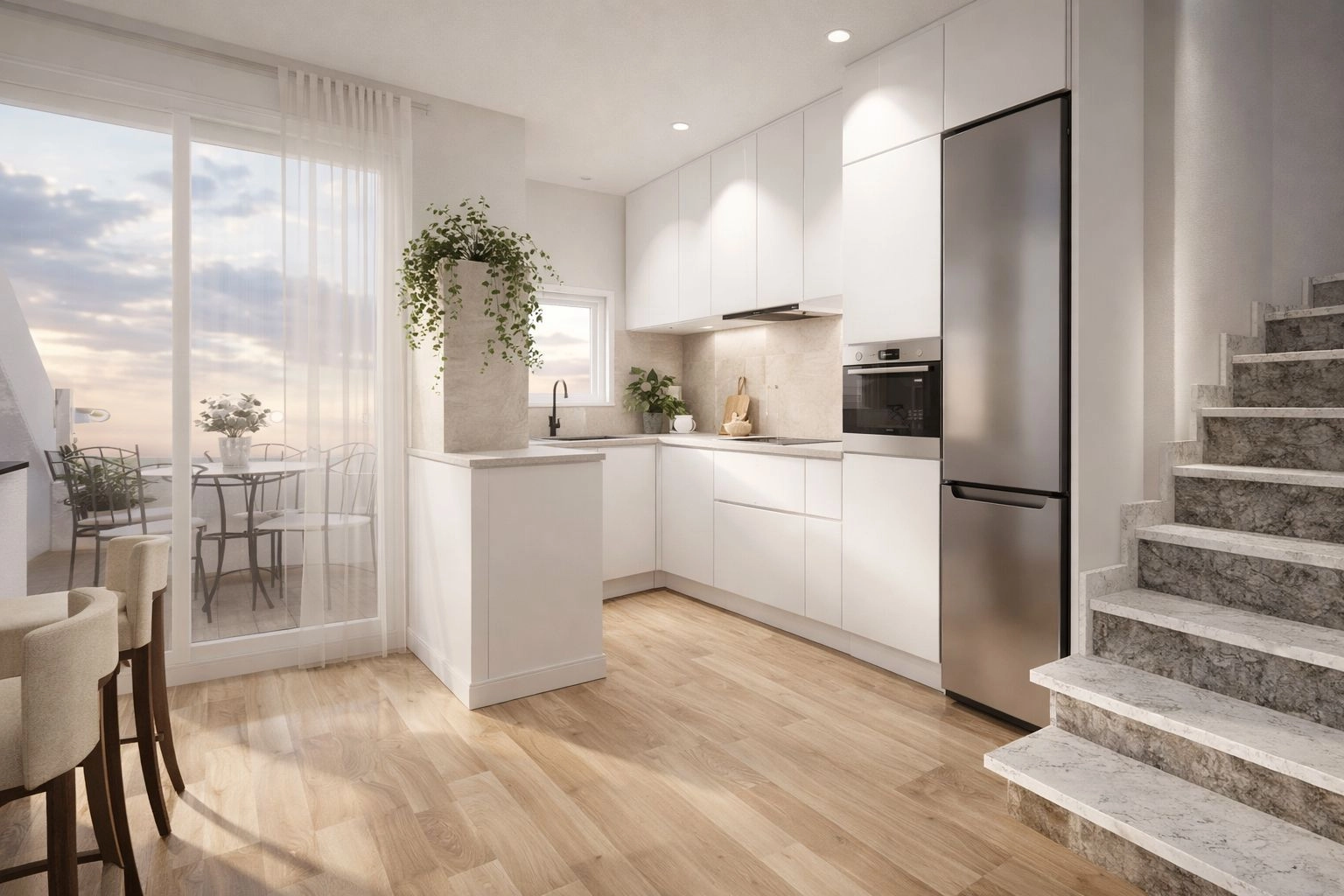 The modern kitchen flows seamlessly onto a terrace, ideal for indoor-outdoor living.