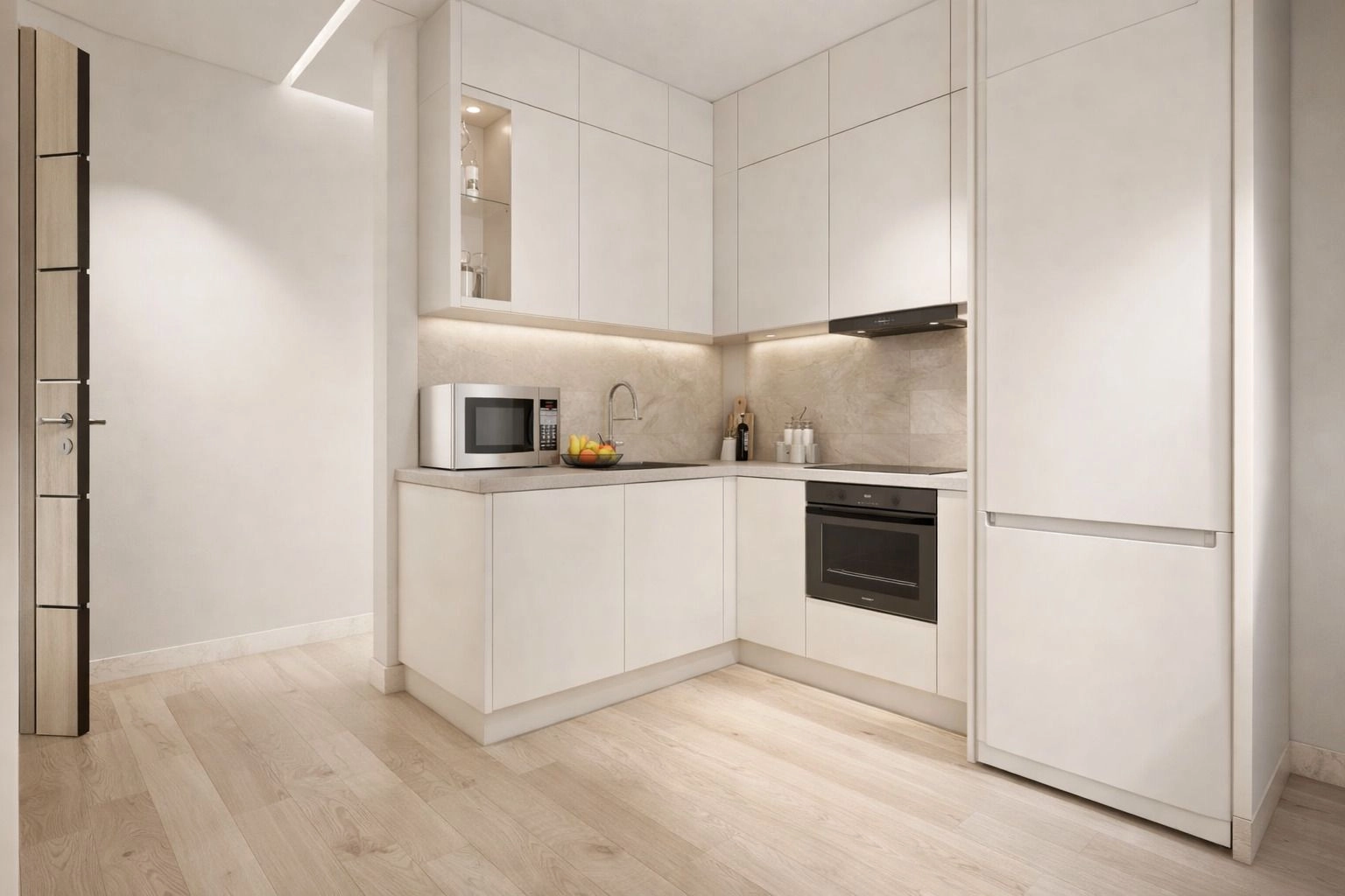 A fully equipped, high-quality kitchen with a clean and minimalist design.