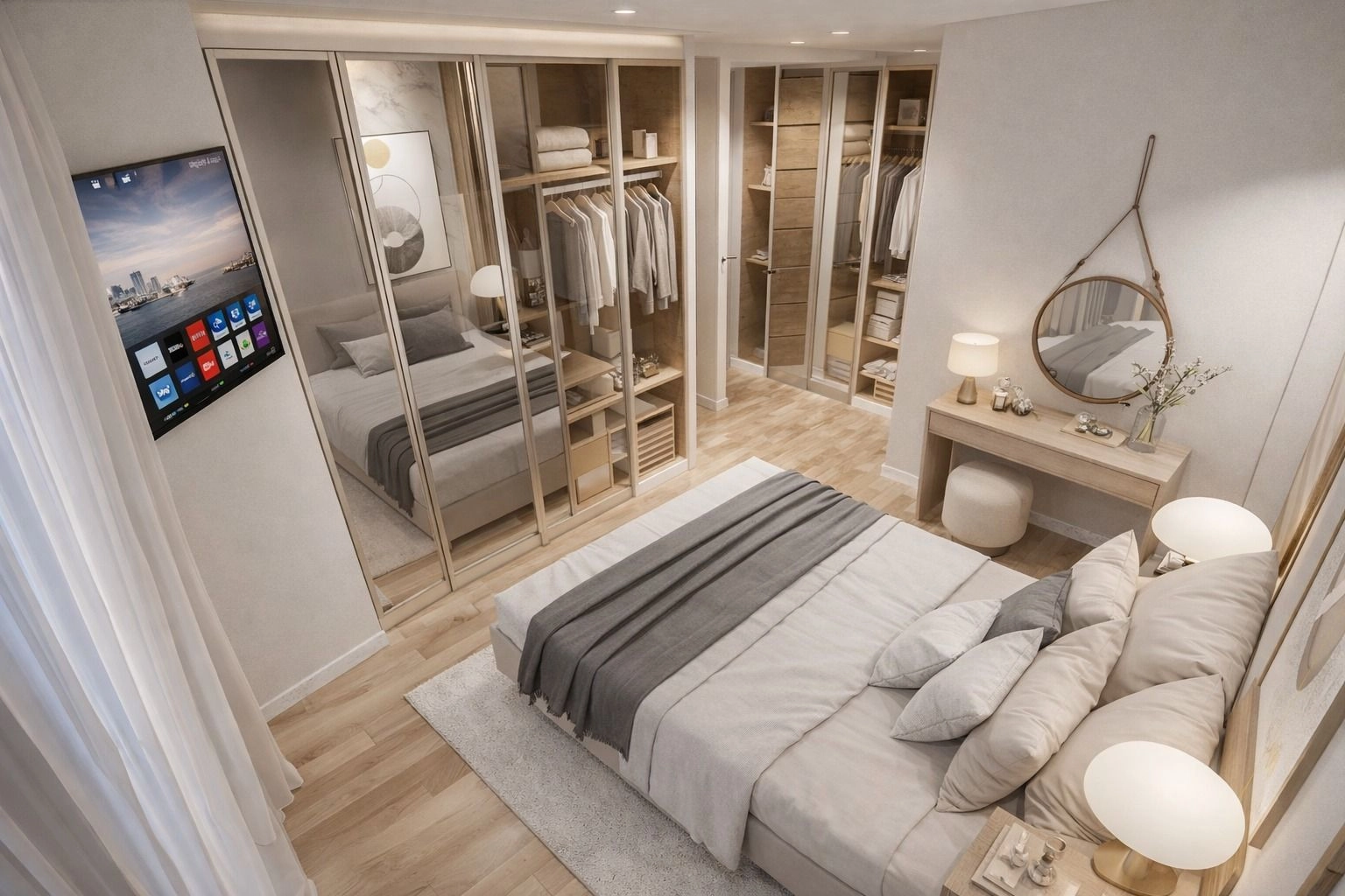 A serene bedroom featuring ample wardrobe space for ultimate organization.