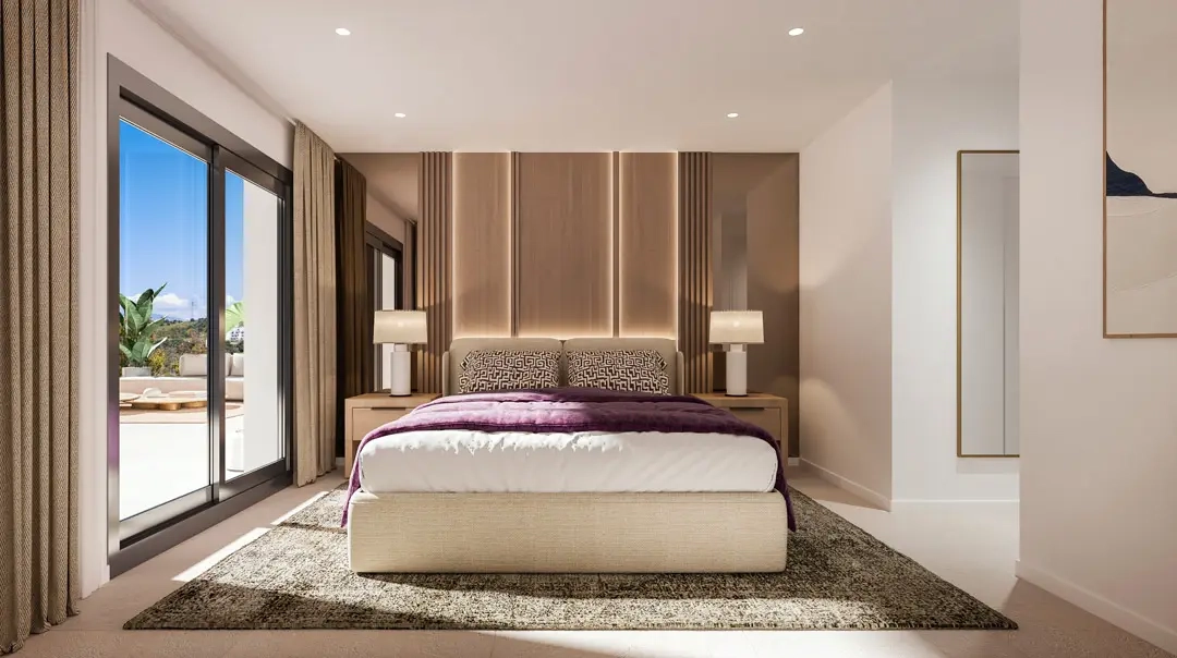 The master bedroom is a tranquil retreat with direct access to the terrace.