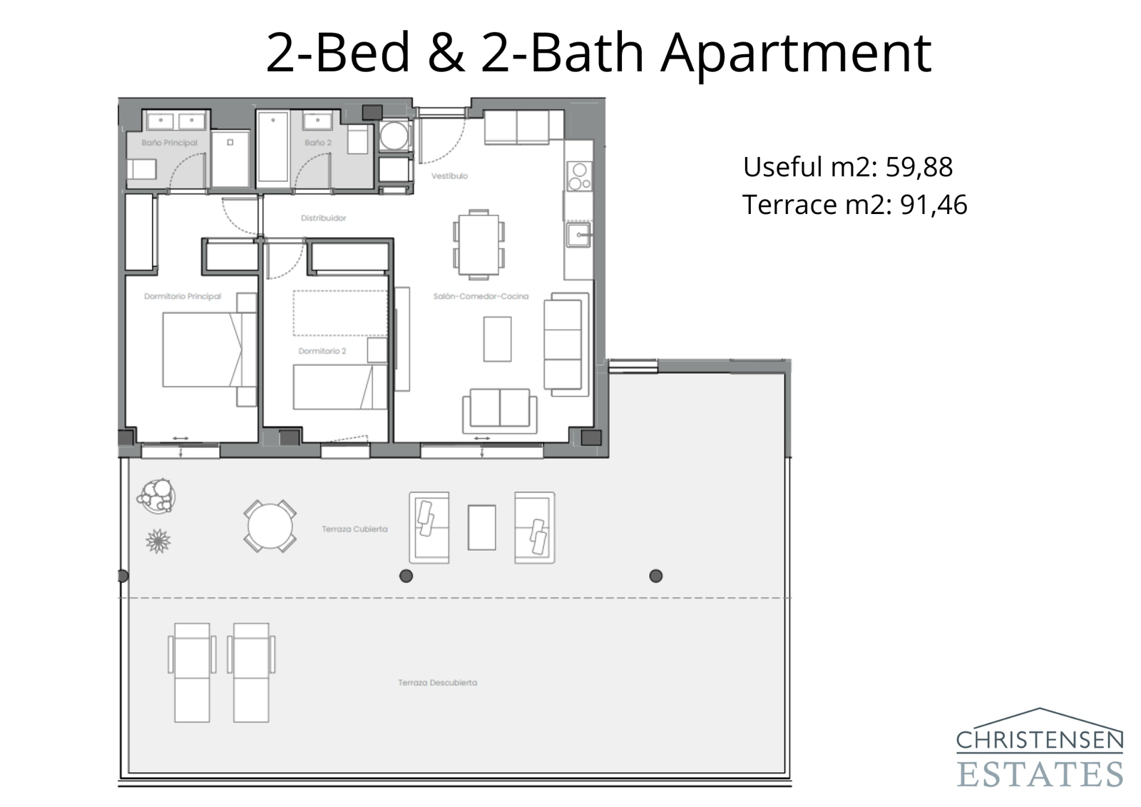 Floor plan for a two-bedroom apartment, showing an intelligent layout with an expansive terrace that extends the living space outdoors.
