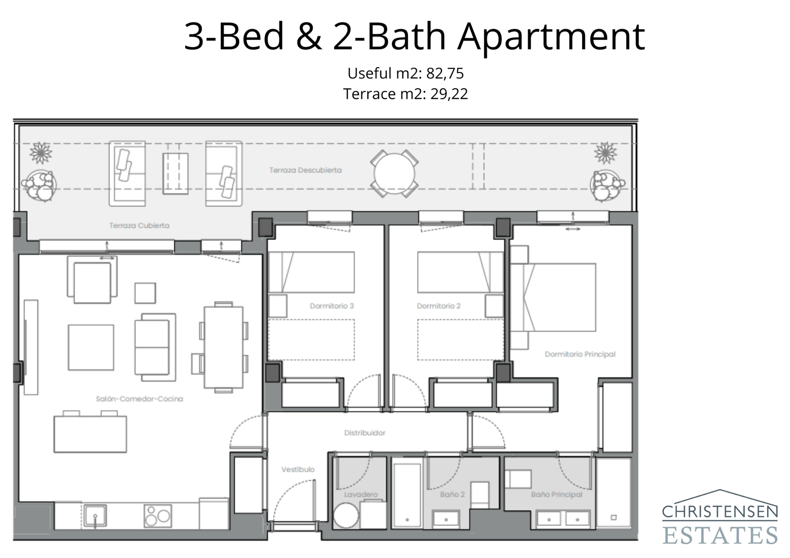 Layout for a spacious three-bedroom residence, designed for comfort with a clear separation between living and sleeping areas and a generous terrace.