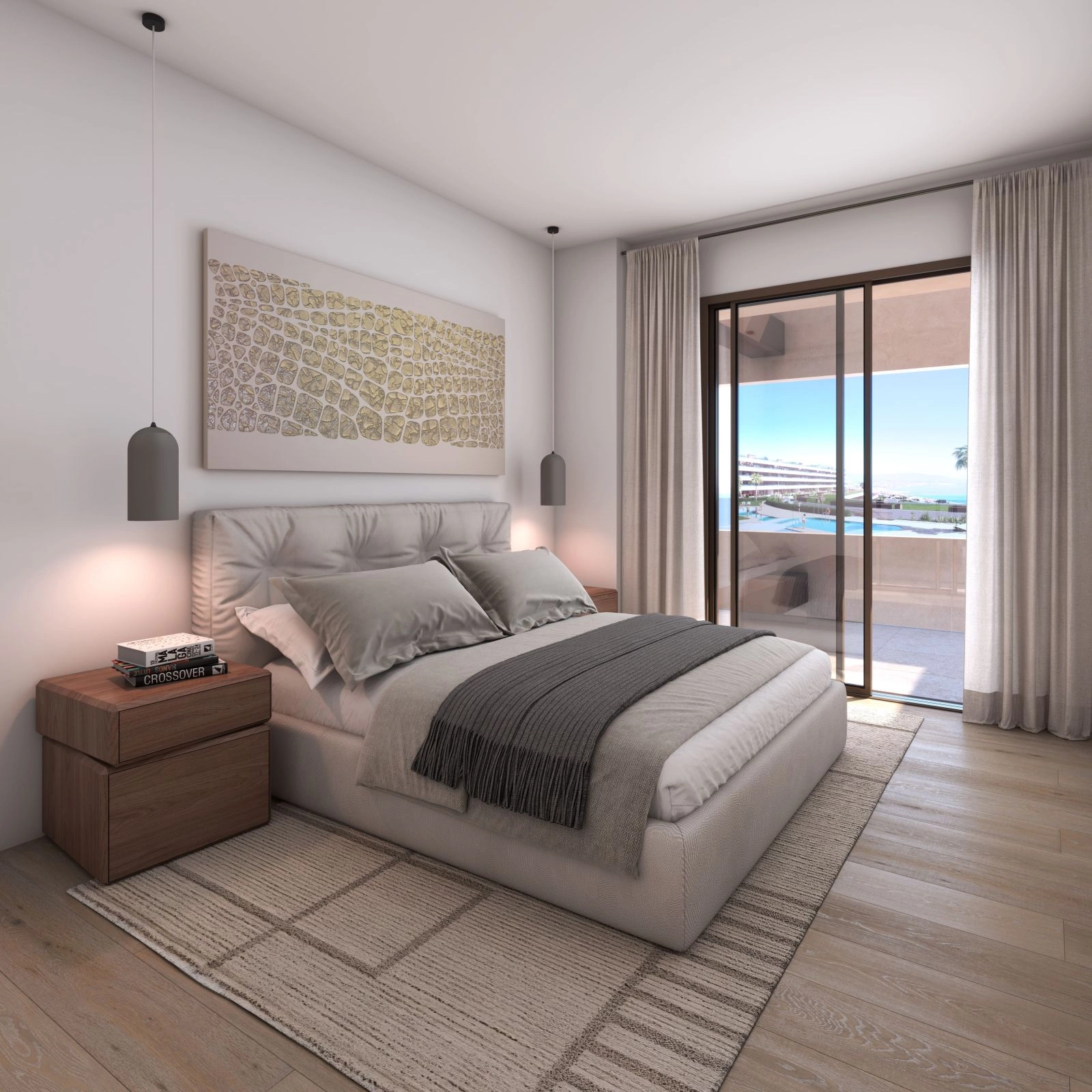 A serene master bedroom with direct access to a private terrace, blending comfort with nature.