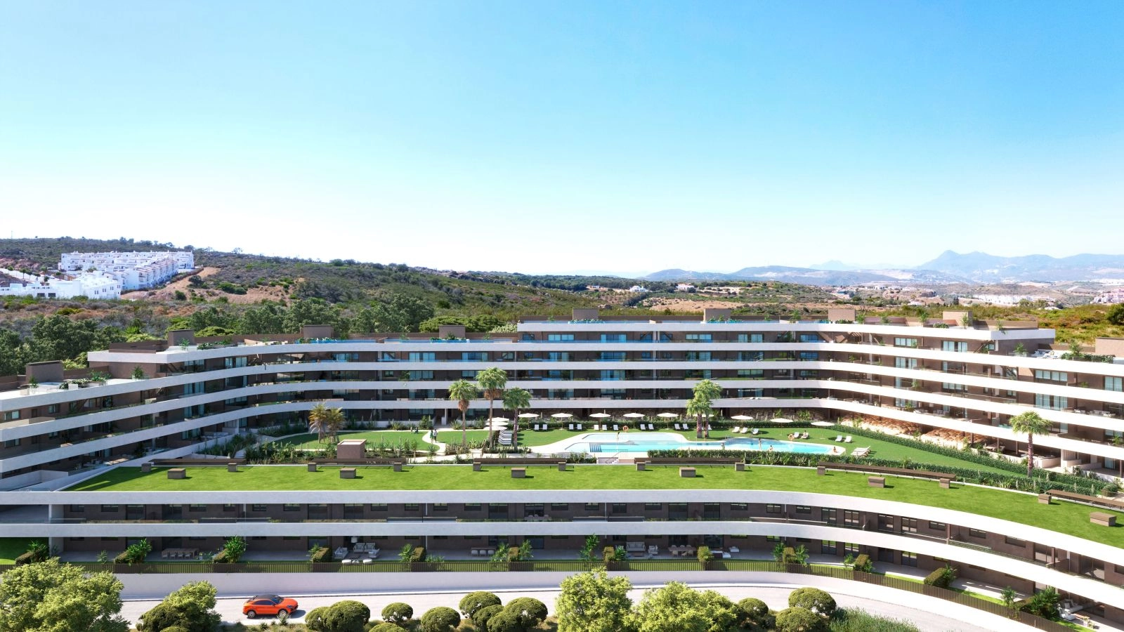 The development's terraced design ensures that many residences enjoy optimal views and natural light.