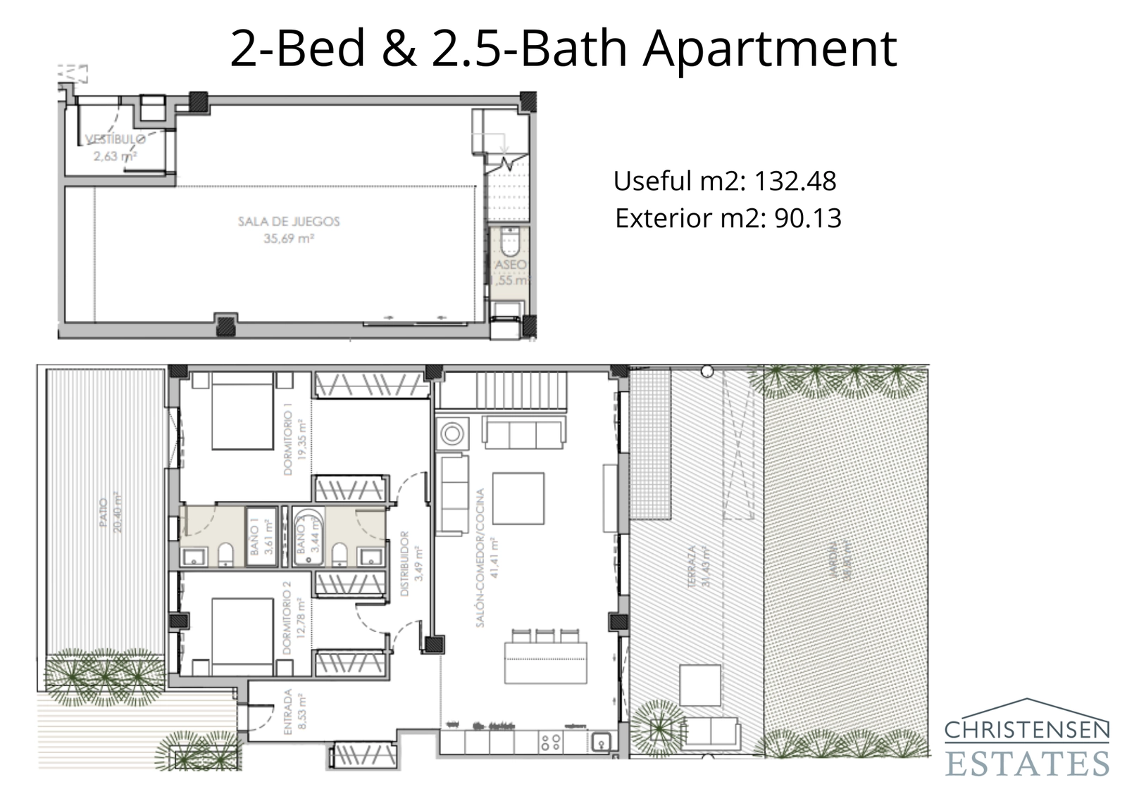 This two-bedroom apartment plan shows a smart layout with a spacious living area flowing onto a large terrace and private garden space.