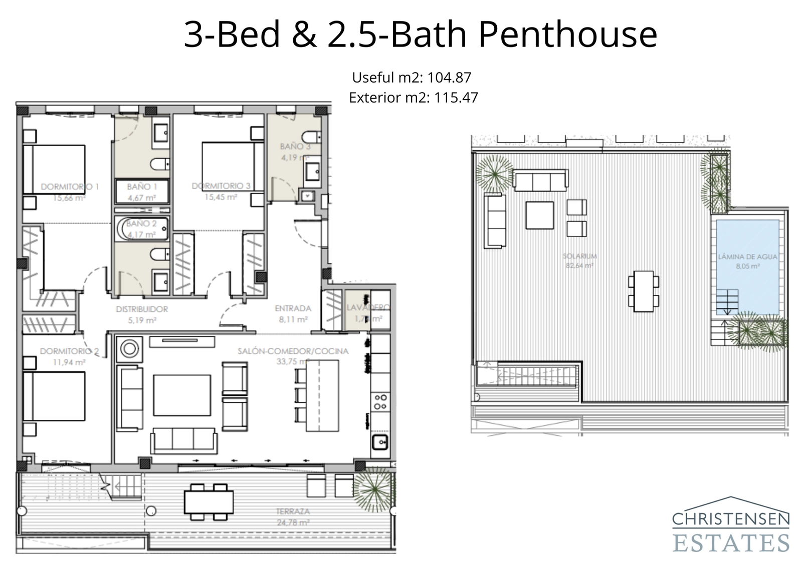 The floor plan for a three-bedroom penthouse, featuring an expansive rooftop solarium perfect for entertaining and enjoying the sun.