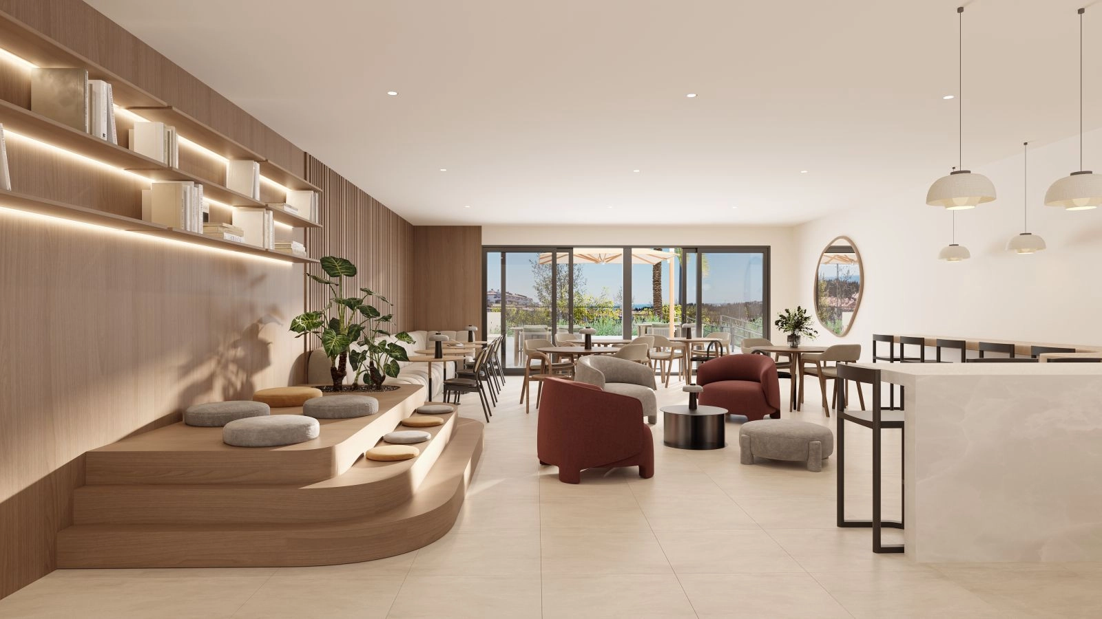 The elegant social club provides a welcoming space for residents to meet, relax, and socialize.
