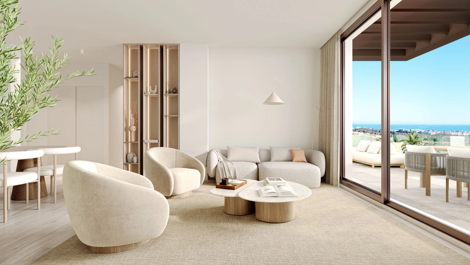 Bright and elegant living rooms that connect seamlessly with the outdoor terrace, creating a large open living space.