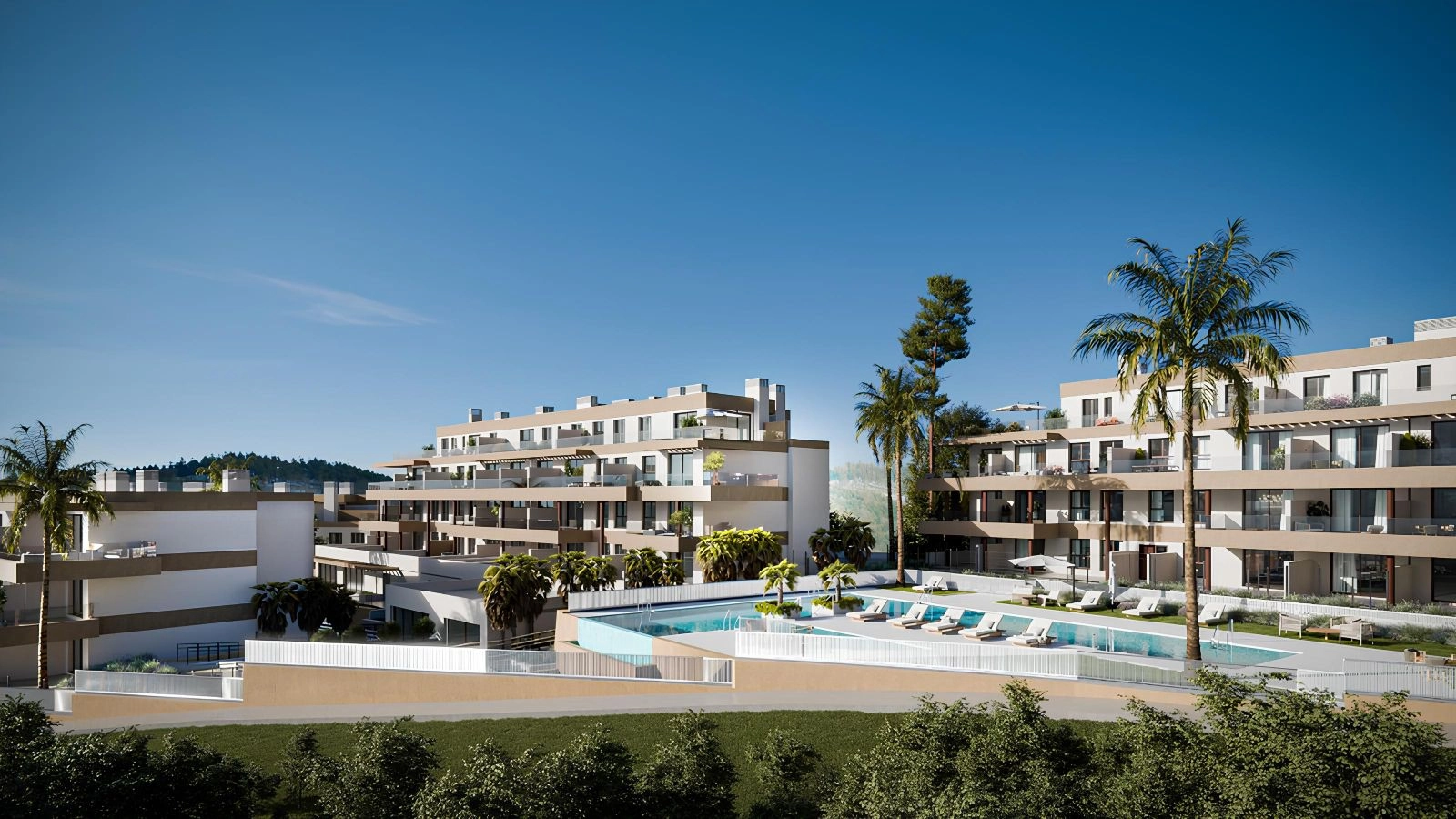 An overview of the modern residential complex, highlighting its contemporary architecture and beautiful pool area.