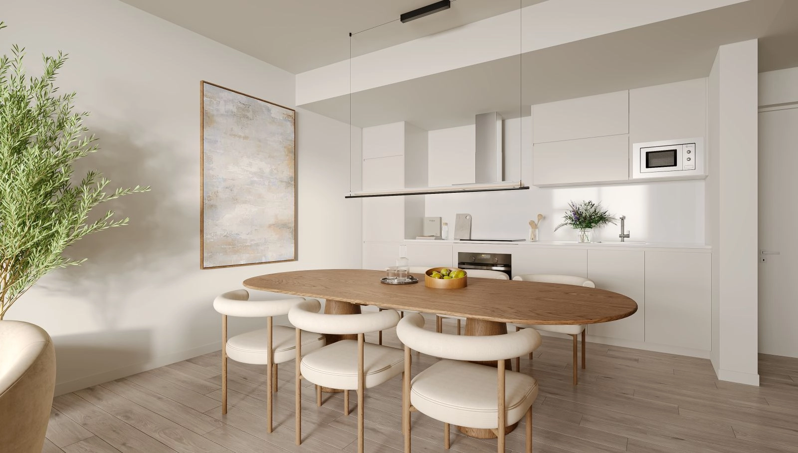 A modern, open-plan kitchen fully equipped with high-quality appliances, designed for both function and style.
