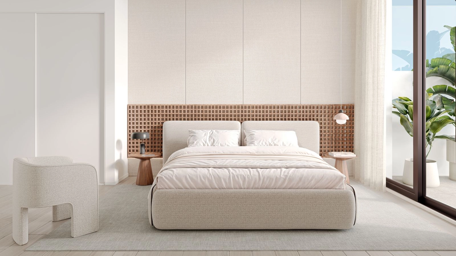 A serene master bedroom designed as a peaceful retreat, with soft tones and access to natural light.