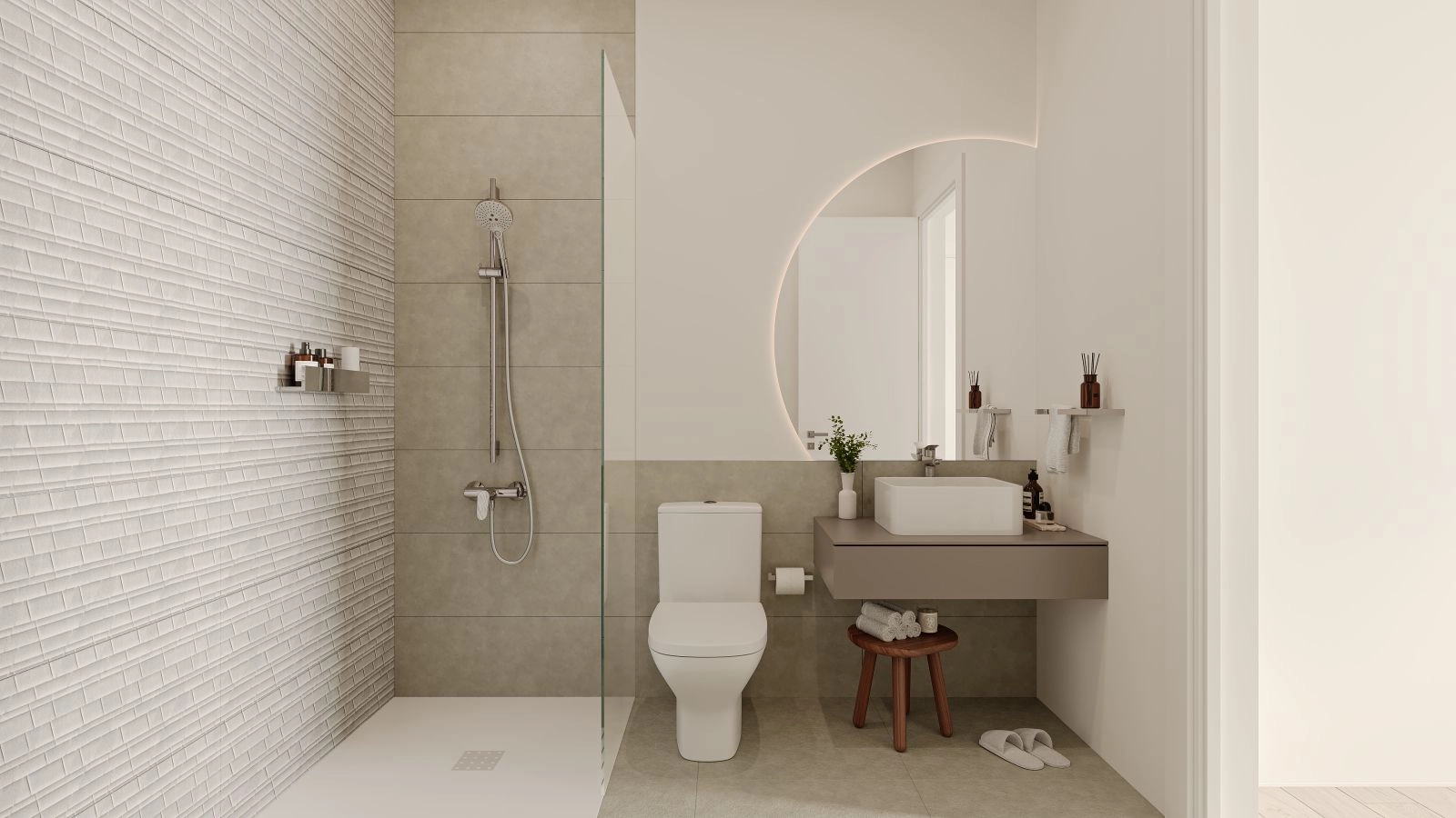 A stylish and functional bathroom featuring high-quality materials and a clean, contemporary design.