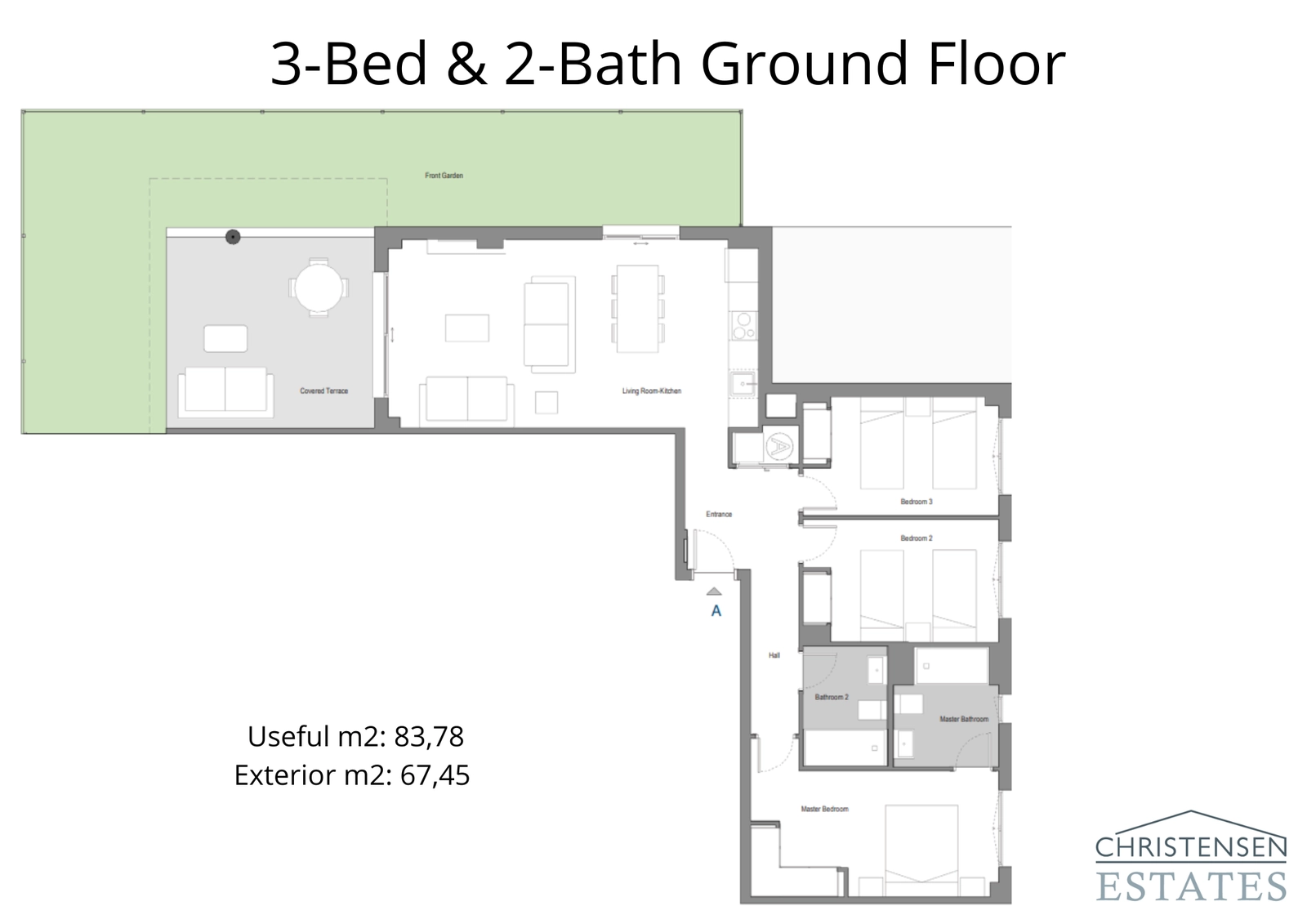 Floor plan for a three-bedroom ground-floor home, showing the generous private garden and covered terrace which extends the living space outdoors.