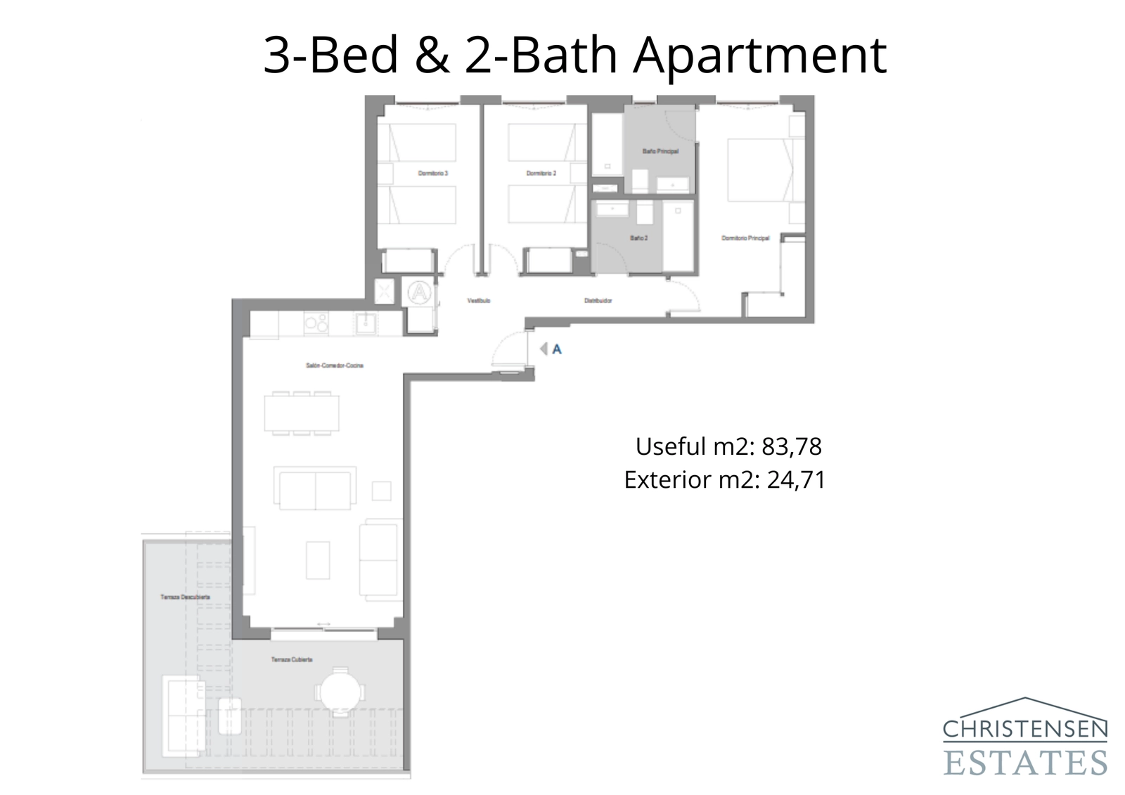 Layout of a three-bedroom apartment featuring a smart design that separates the living and sleeping areas for optimal comfort and privacy.