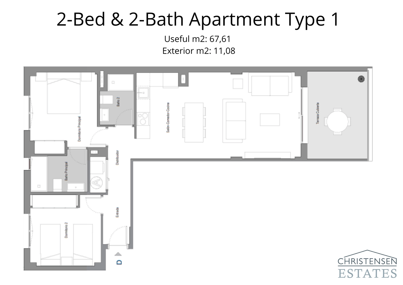 This two-bedroom apartment layout offers an efficient use of space with an open-plan living and kitchen area that flows onto the terrace.