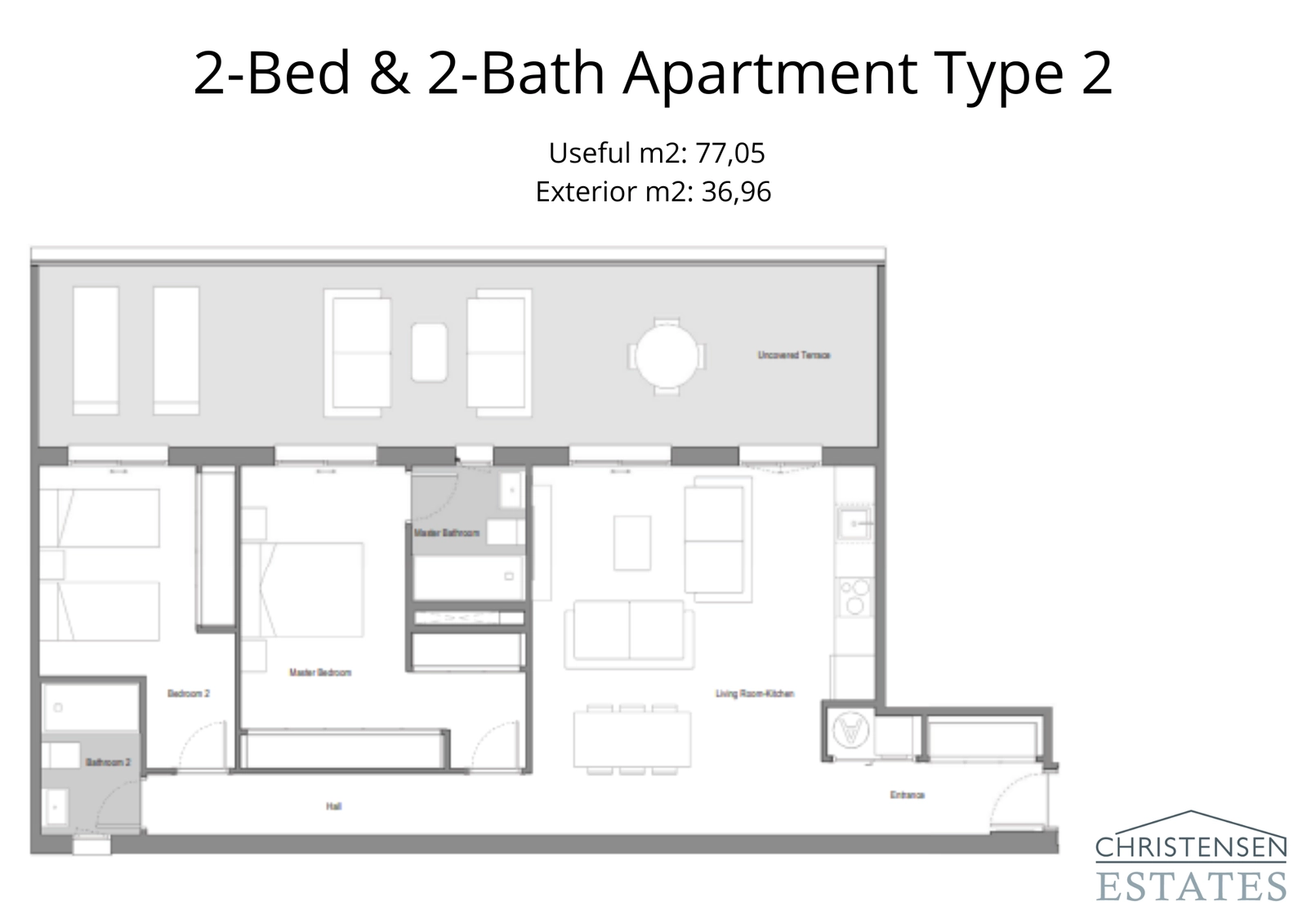 An alternative two-bedroom layout showcasing a large, integrated living space and a very spacious terrace perfect for enjoying the views.