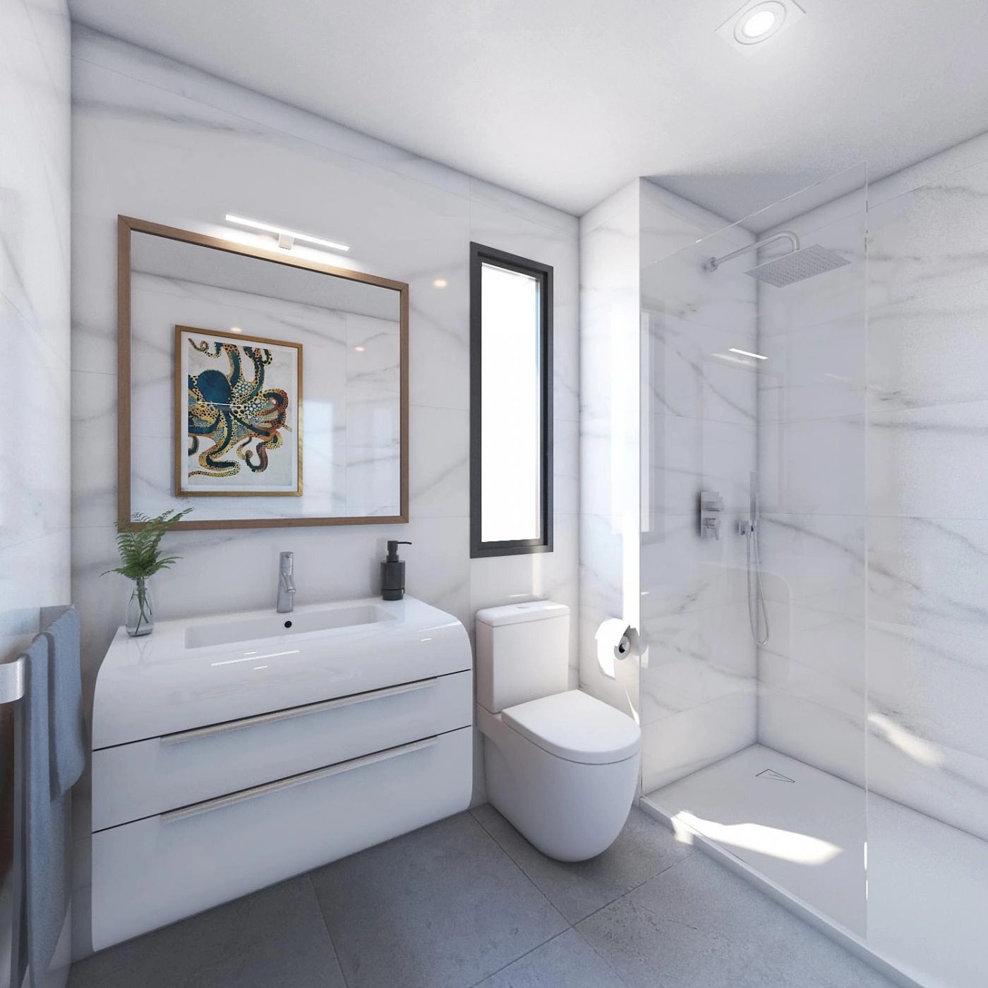 The principal bathroom features elegant marble-effect tiling and premium fittings.