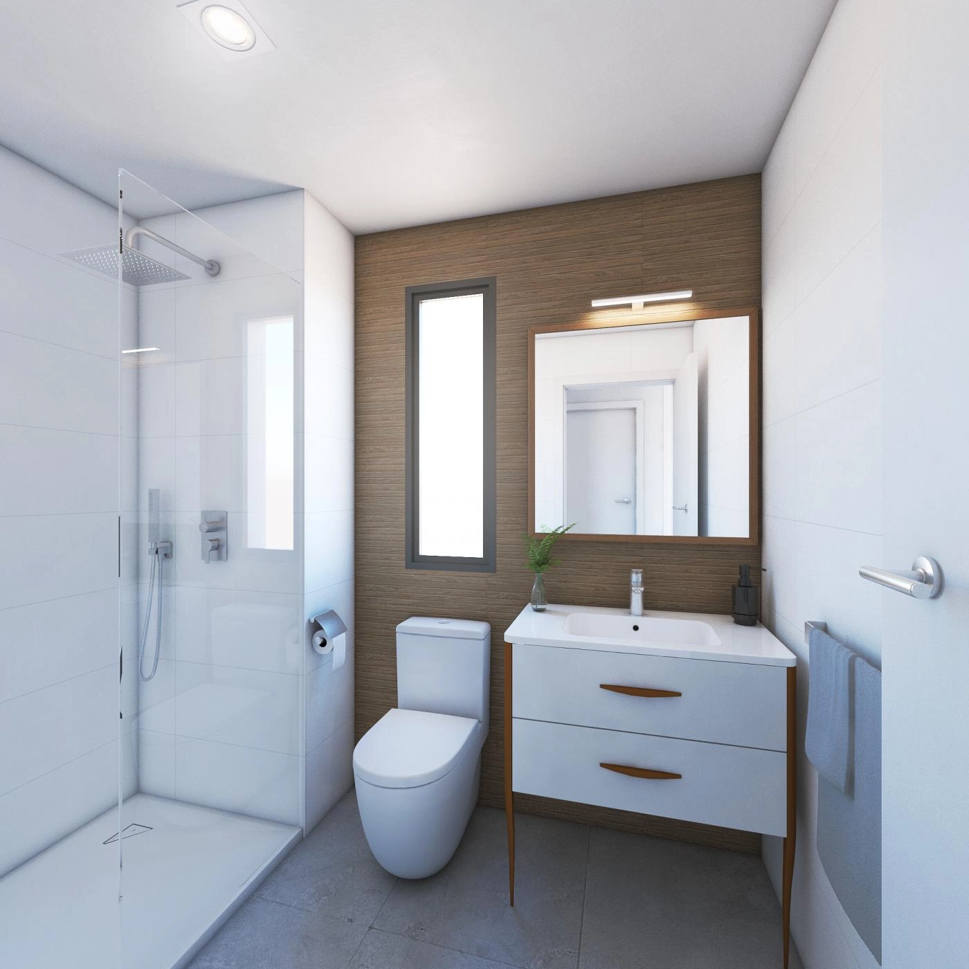 A stylish second bathroom combining wood-effect details with clean, white surfaces.