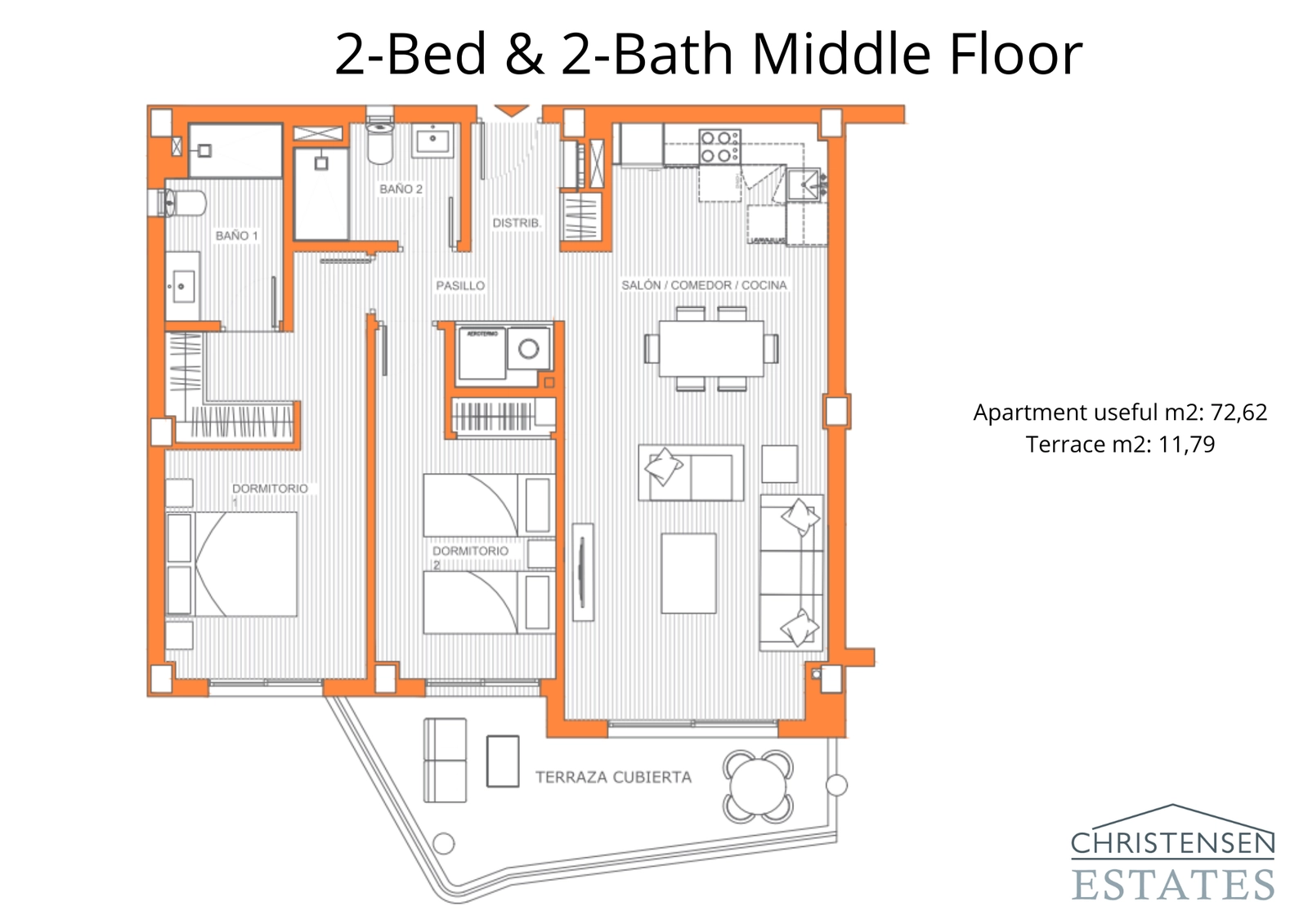 This two-bedroom, two-bathroom floor plan shows a balanced design with an open living area that connects to a private covered terrace.