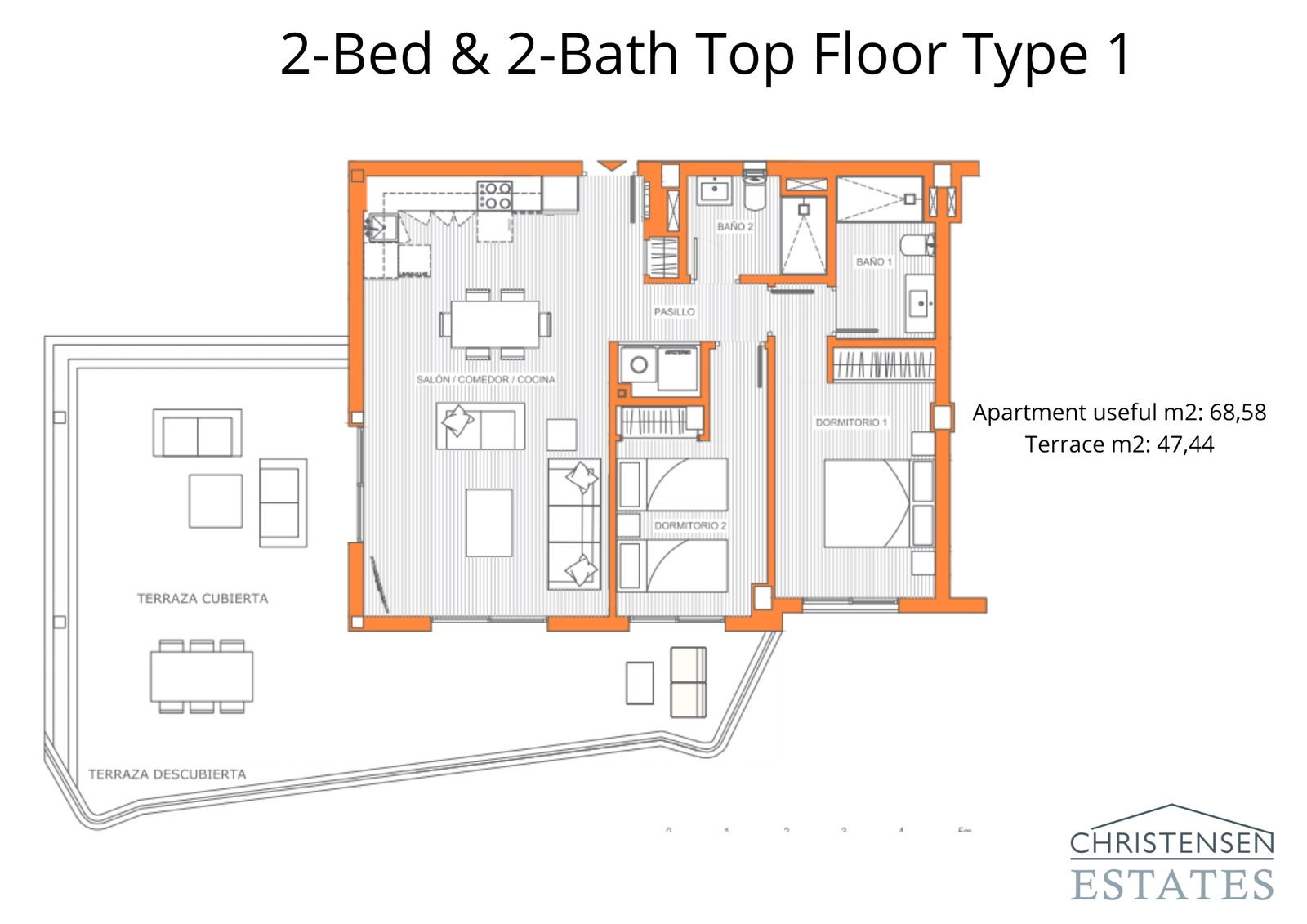 An excellent top-floor layout featuring two bedrooms and an exceptionally large terrace, ideal for outdoor dining and enjoying the Spanish climate.