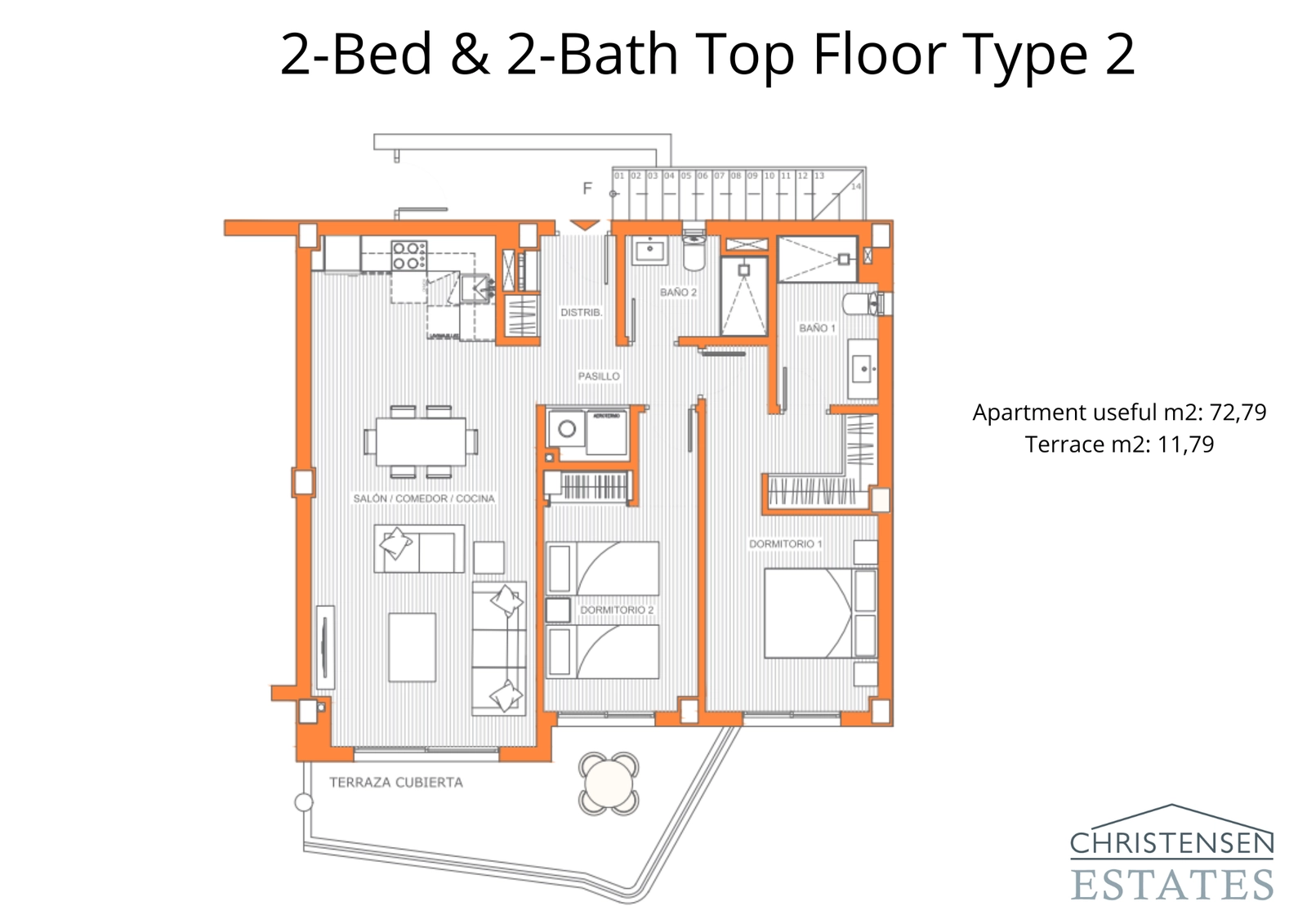 This efficient top-floor apartment design offers two comfortable bedrooms and a seamless flow from the indoor living space to the private terrace.