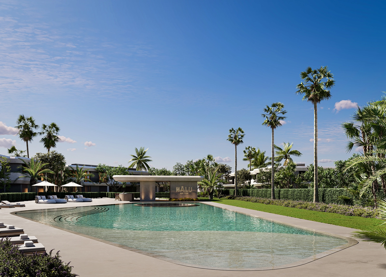 Relax by the beautiful outdoor infinity pool surrounded by lush gardens.