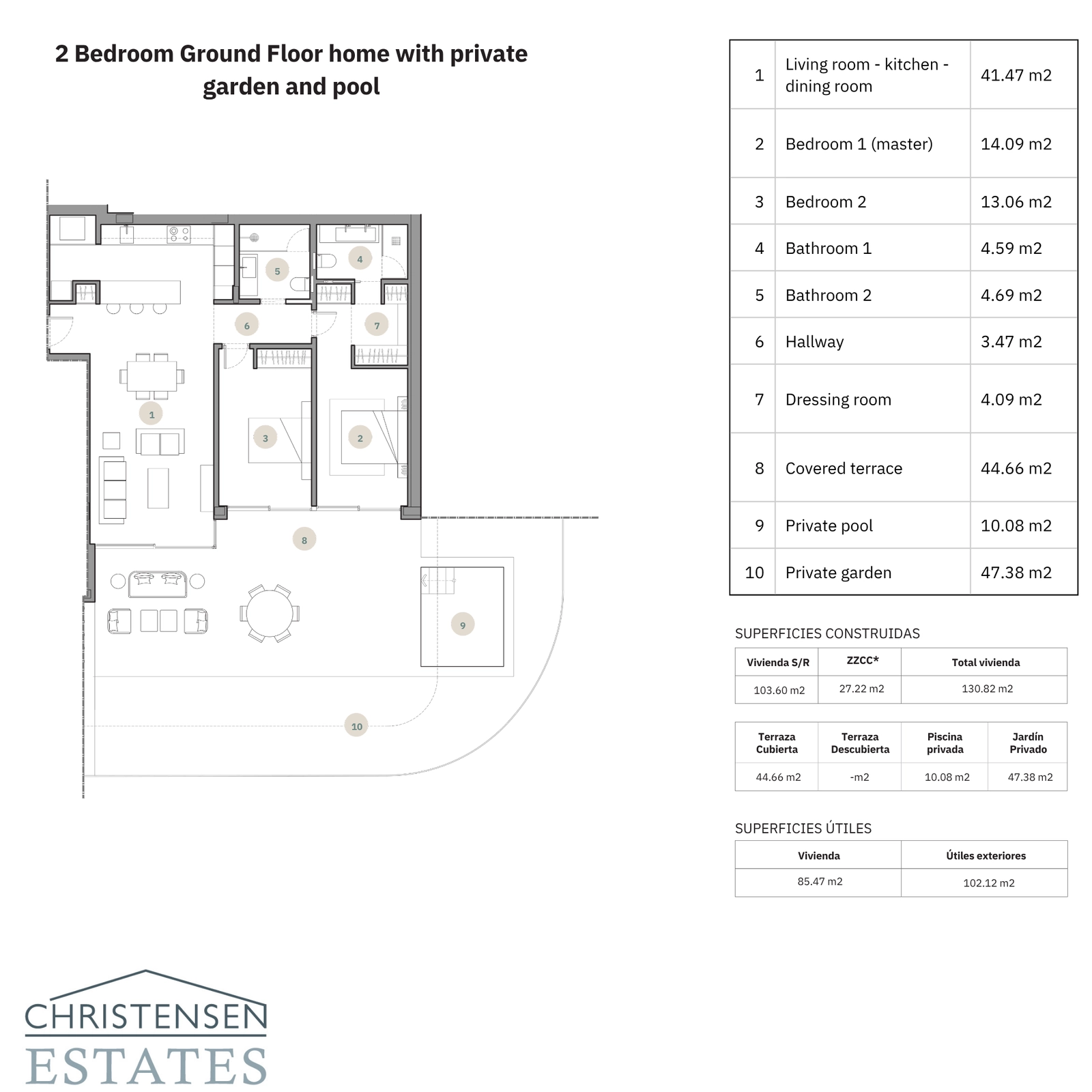 A spacious two-bedroom ground floor layout, featuring a generous private garden and swimming pool.