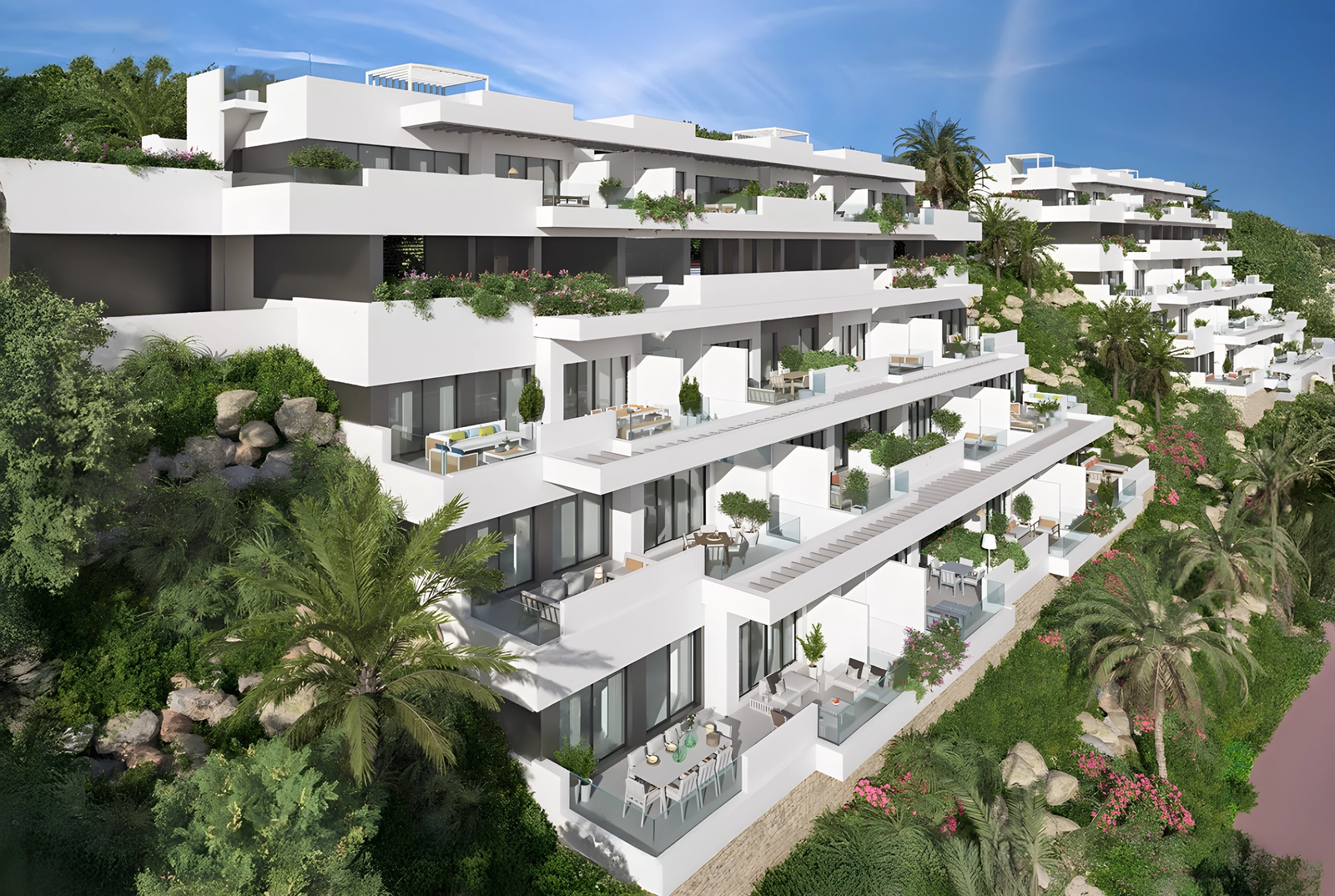Contemporary architecture blends perfectly with the lush, natural surroundings.