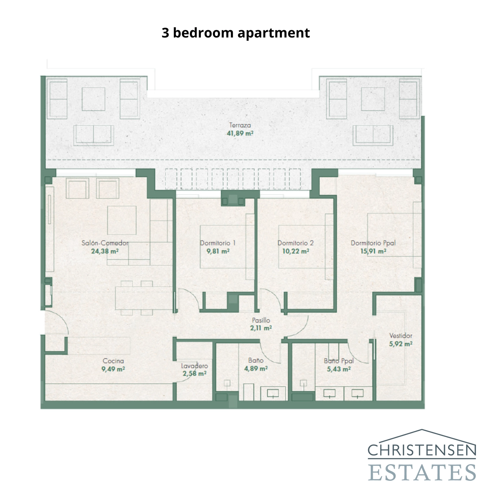 This three-bedroom layout offers generous living space, seamlessly connecting to a large terrace for ideal indoor-outdoor living.