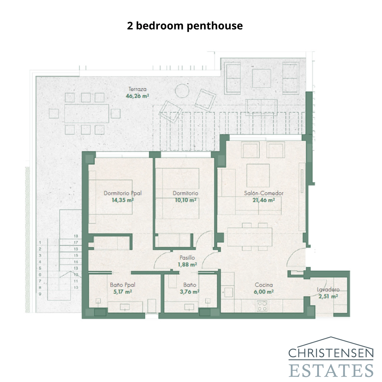 A thoughtful two-bedroom penthouse design, providing comfort and style with an expansive private terrace.