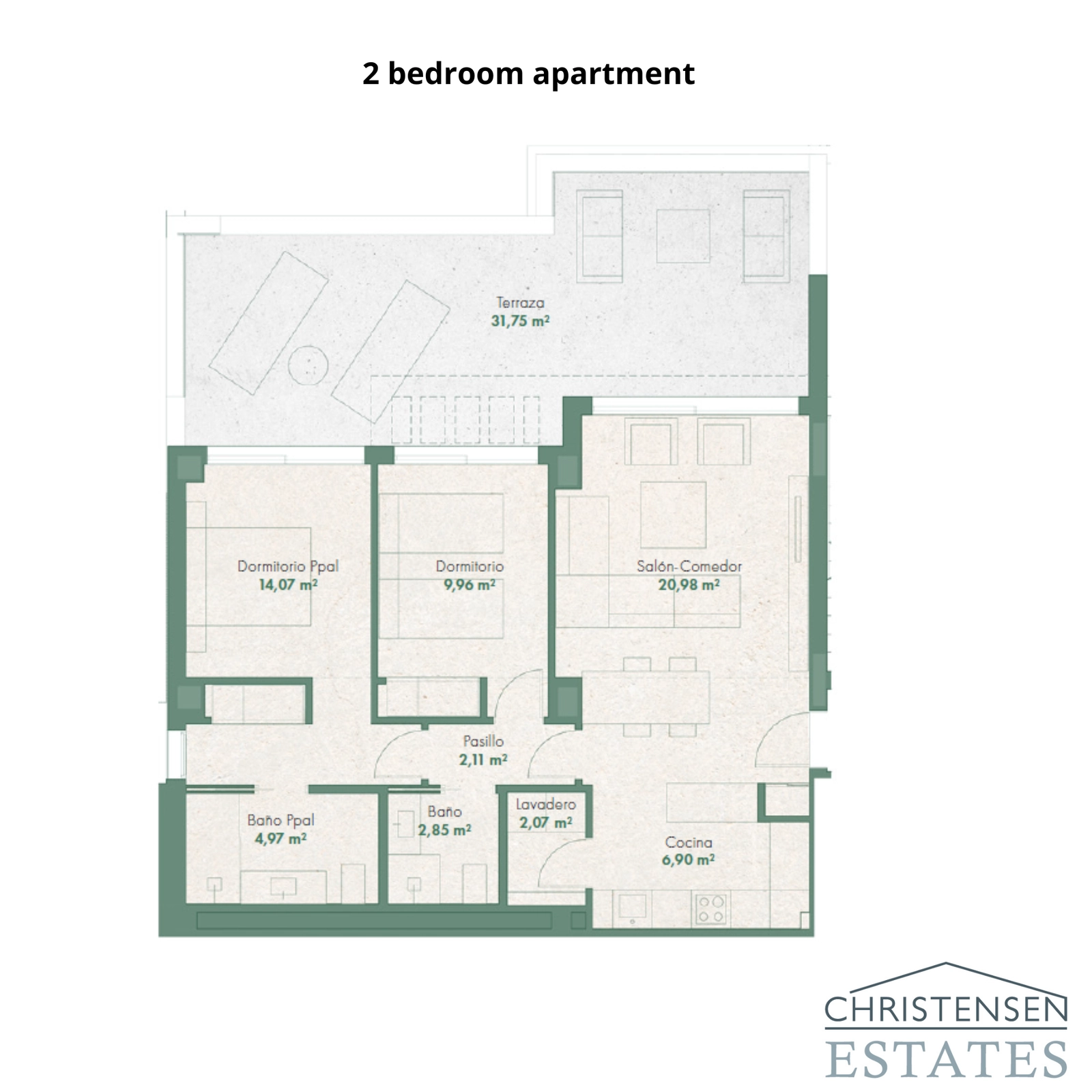 The two-bedroom apartment plan features an open-concept living area and a private terrace, designed for modern lifestyles.
