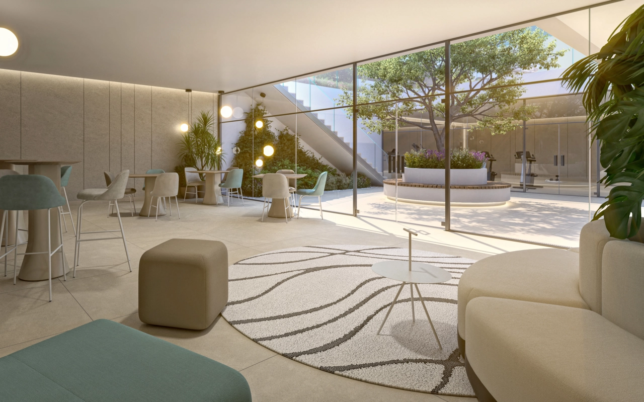 A stylish social lounge where residents can work, meet, or relax in comfort.