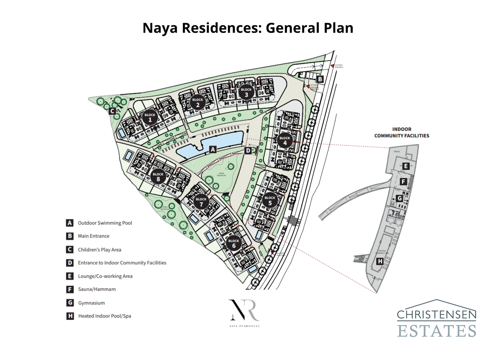 This site plan illustrates the layout of the development, showcasing the eight residential blocks, gardens, and extensive community facilities.