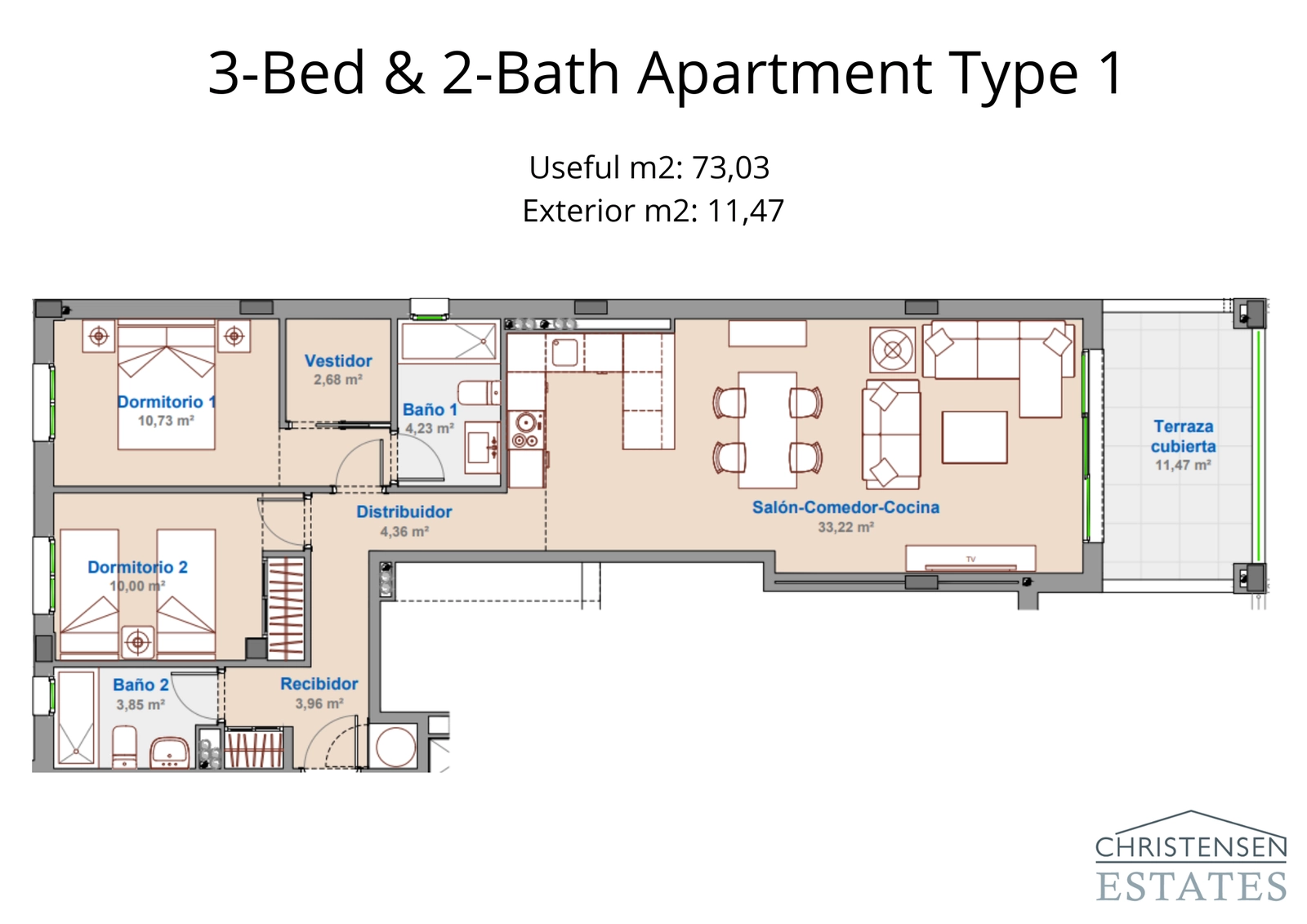 This three-bedroom layout features an open-plan living area that flows seamlessly onto a private covered terrace.