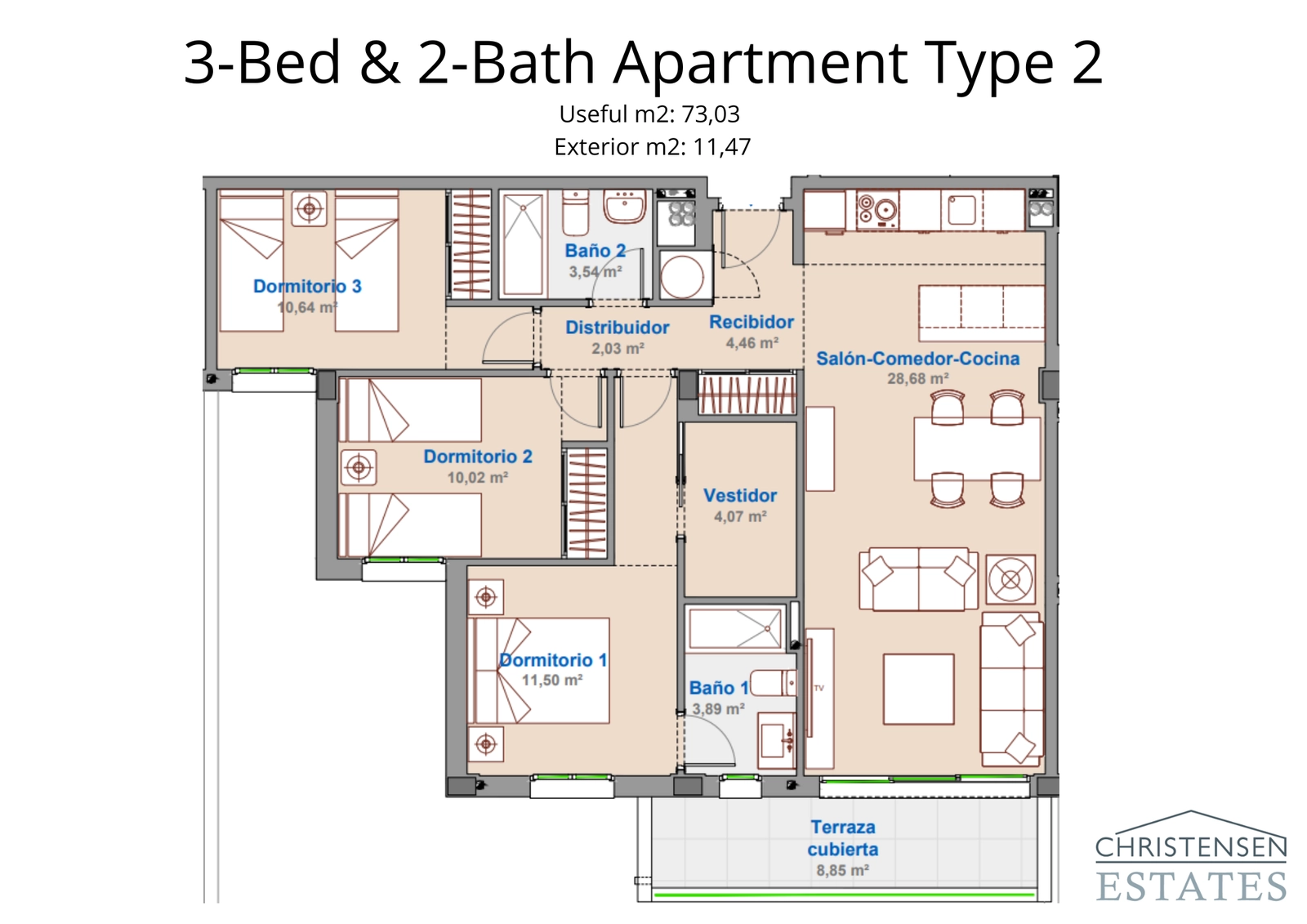 A well-designed three-bedroom floor plan offering a smart separation of living and sleeping areas for enhanced comfort and privacy.