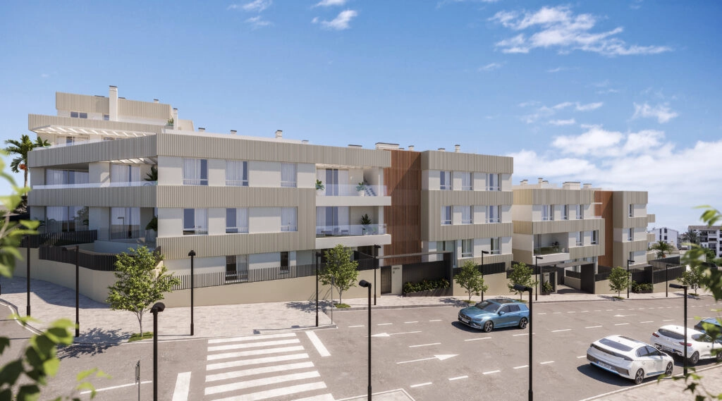 The development's contemporary architecture blends beautifully with its tranquil residential surroundings in Estepona.