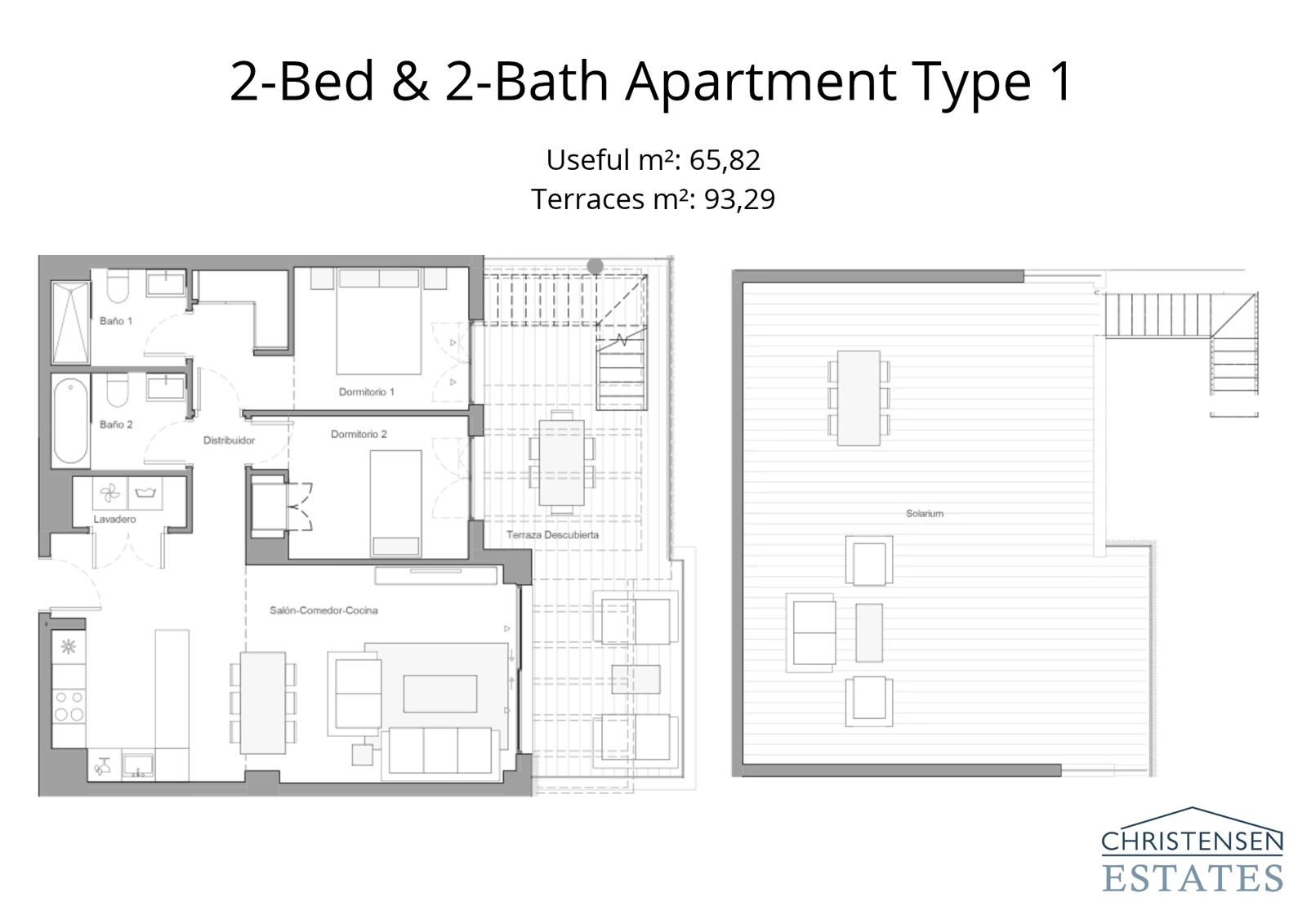 Layout for a two-bedroom apartment, featuring a generous terrace and a spectacular rooftop solarium for private outdoor living.