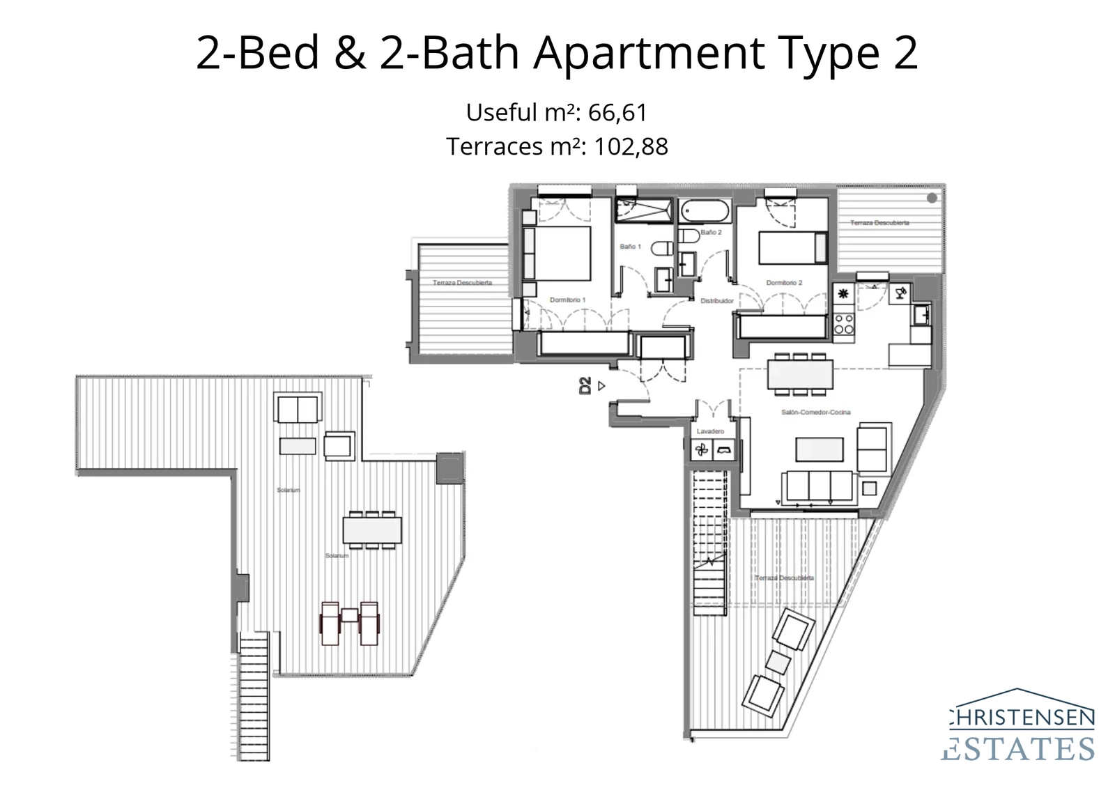 This two-bedroom floor plan showcases a smart use of space with multiple terraces to maximize light and views.